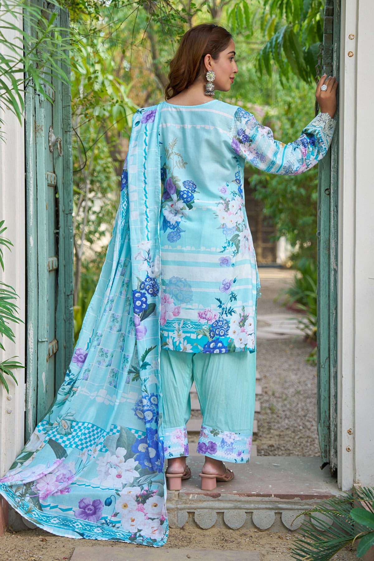 Sky Blue cotton embroidered Farshi Suit Set With Dupatta