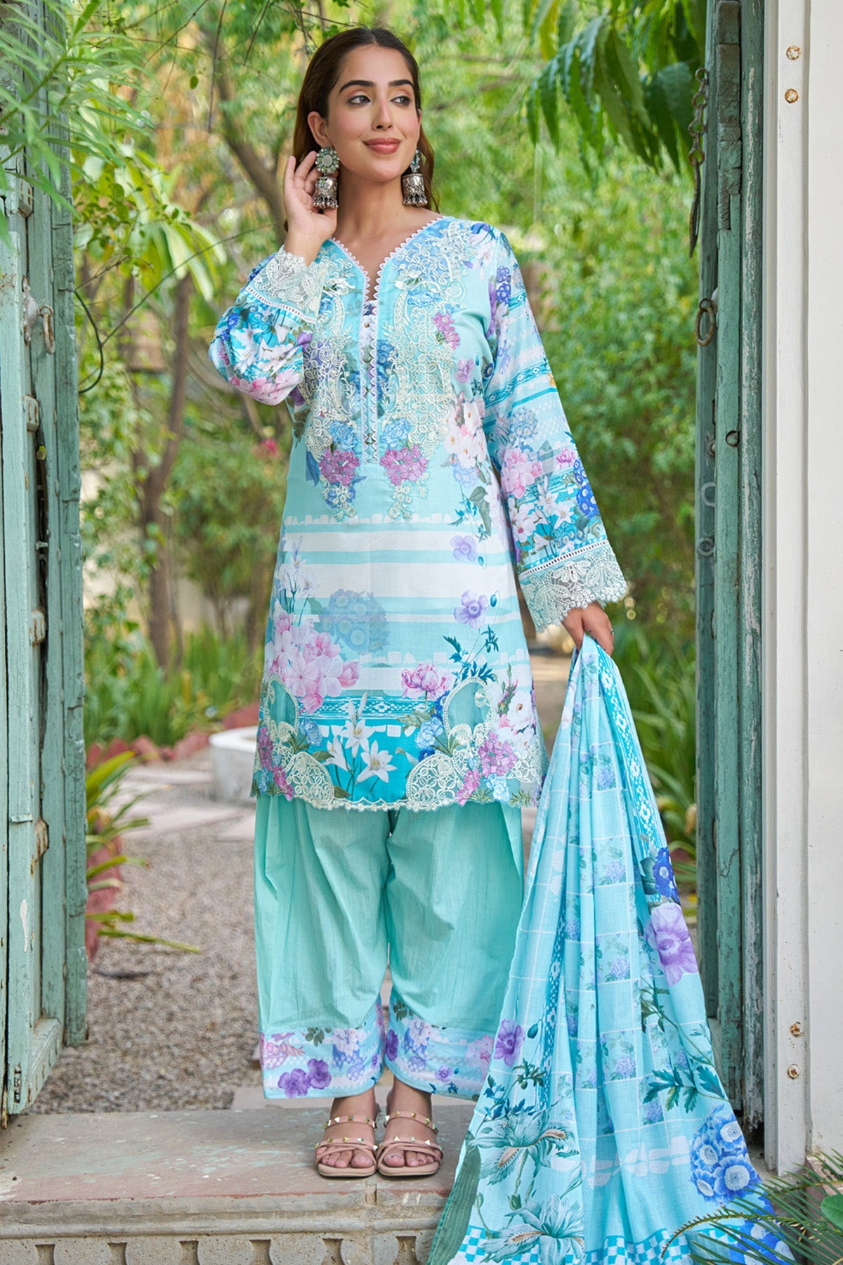 Sky Blue cotton embroidered Farshi Suit Set With Dupatta