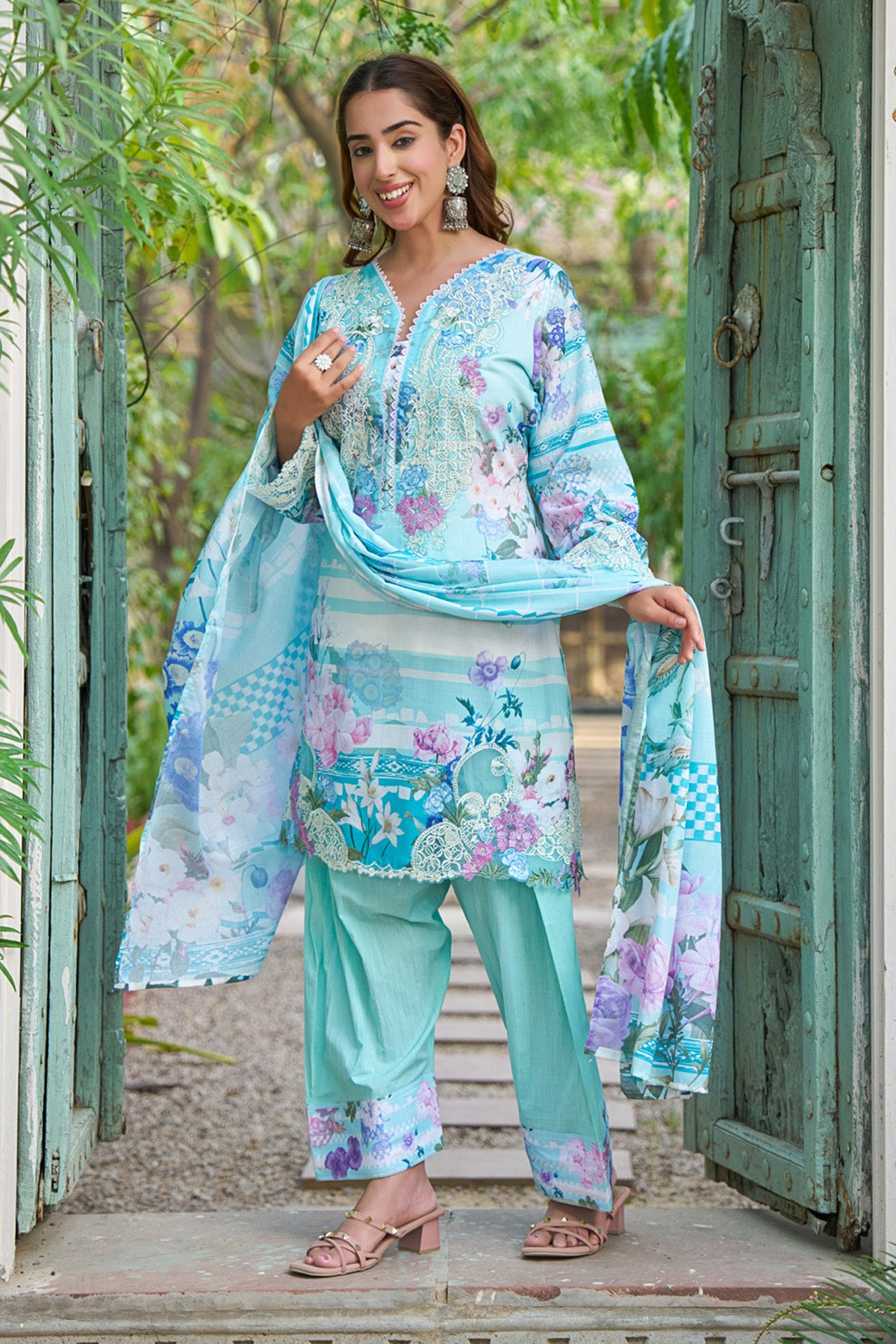 Sky Blue cotton embroidered Farshi Suit Set With Dupatta