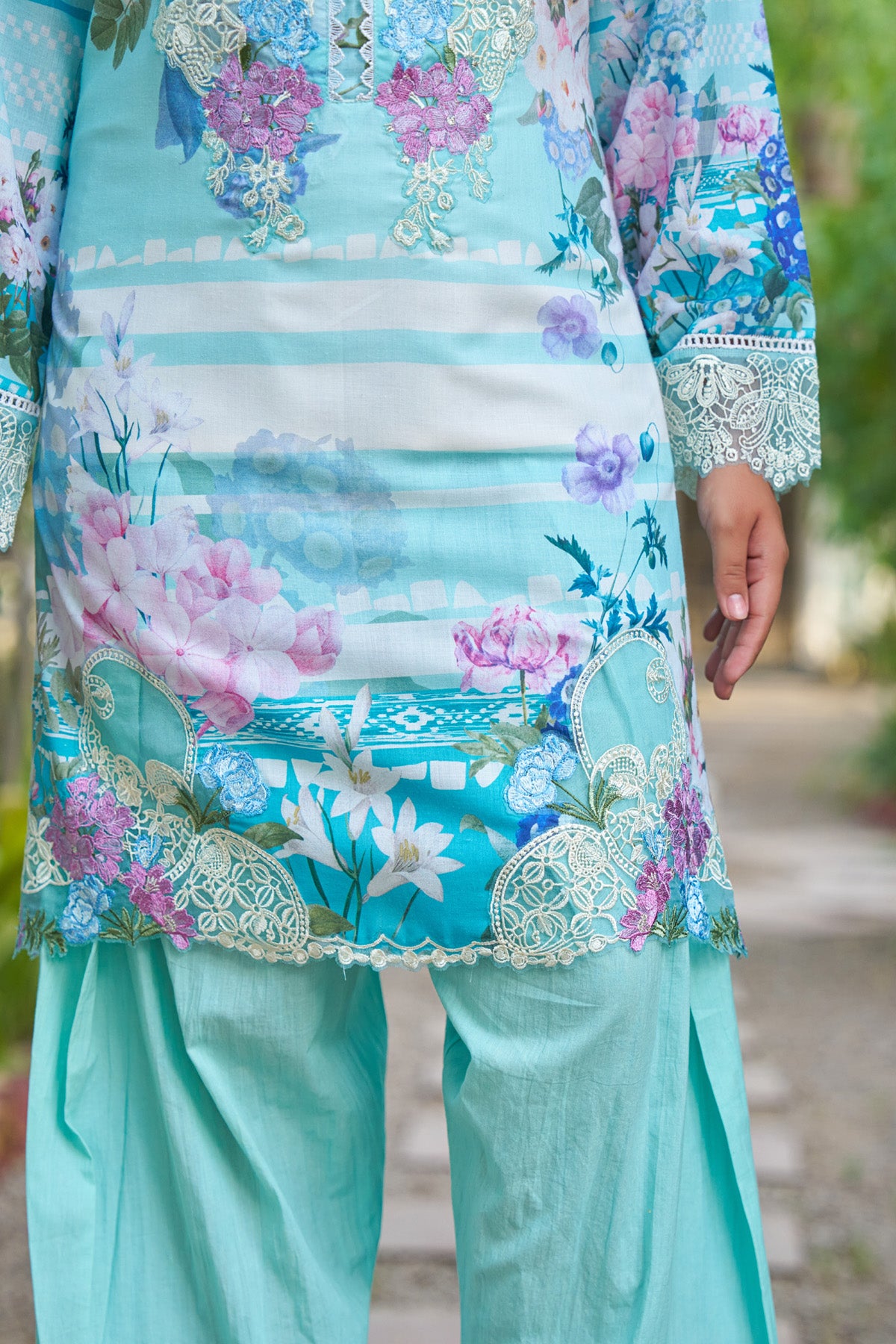 Sky Blue cotton embroidered Farshi Suit Set With Dupatta
