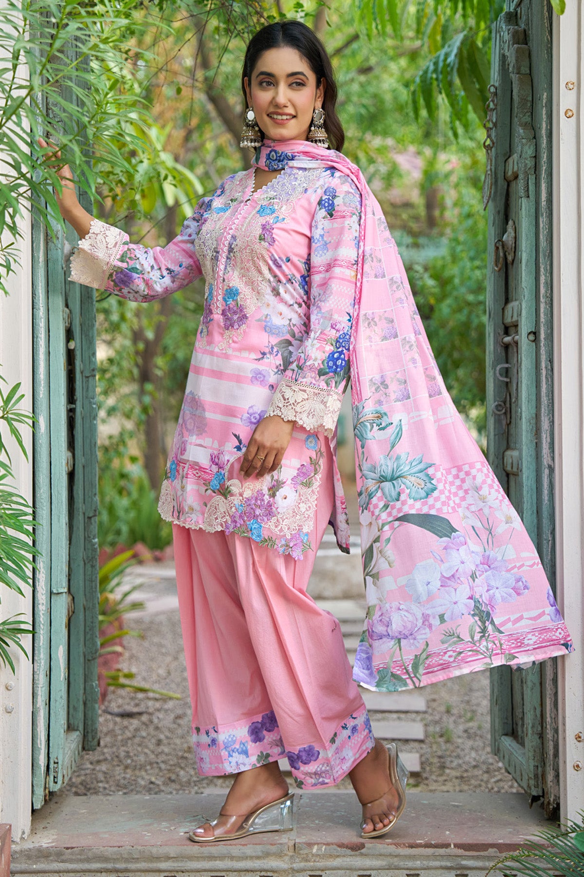 Pink cotton embroidered Farshi Suit Set With Dupatta