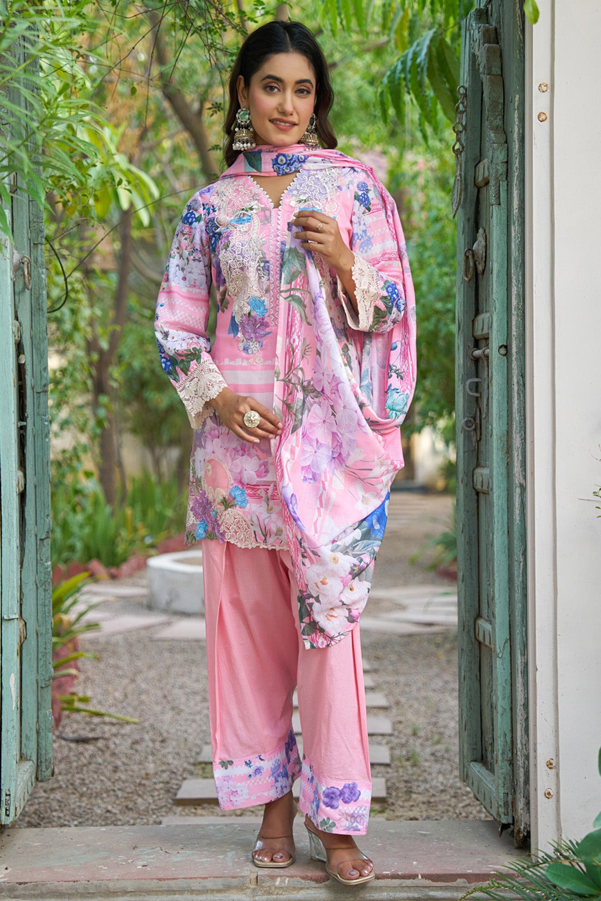 Pink cotton embroidered Farshi Suit Set With Dupatta