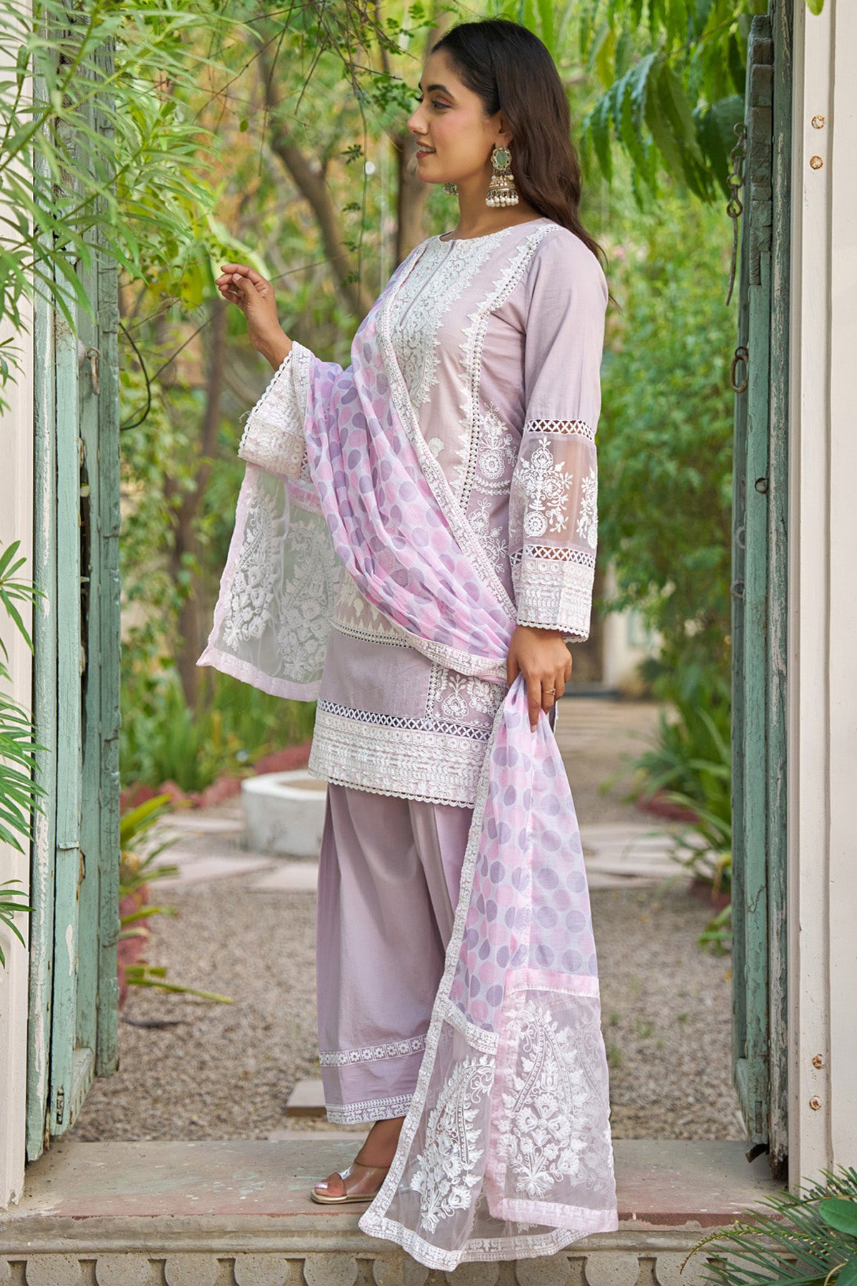 Pink cotton embroidered Farshi Suit Set With Dupatta