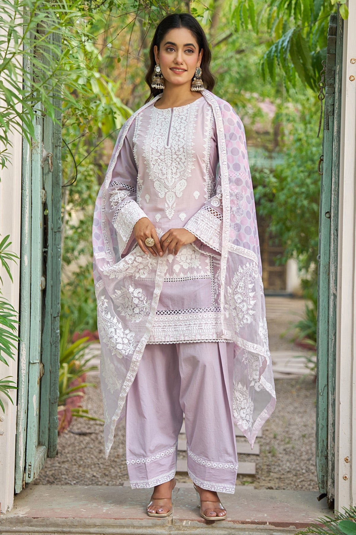 Pink cotton embroidered Farshi Suit Set With Dupatta