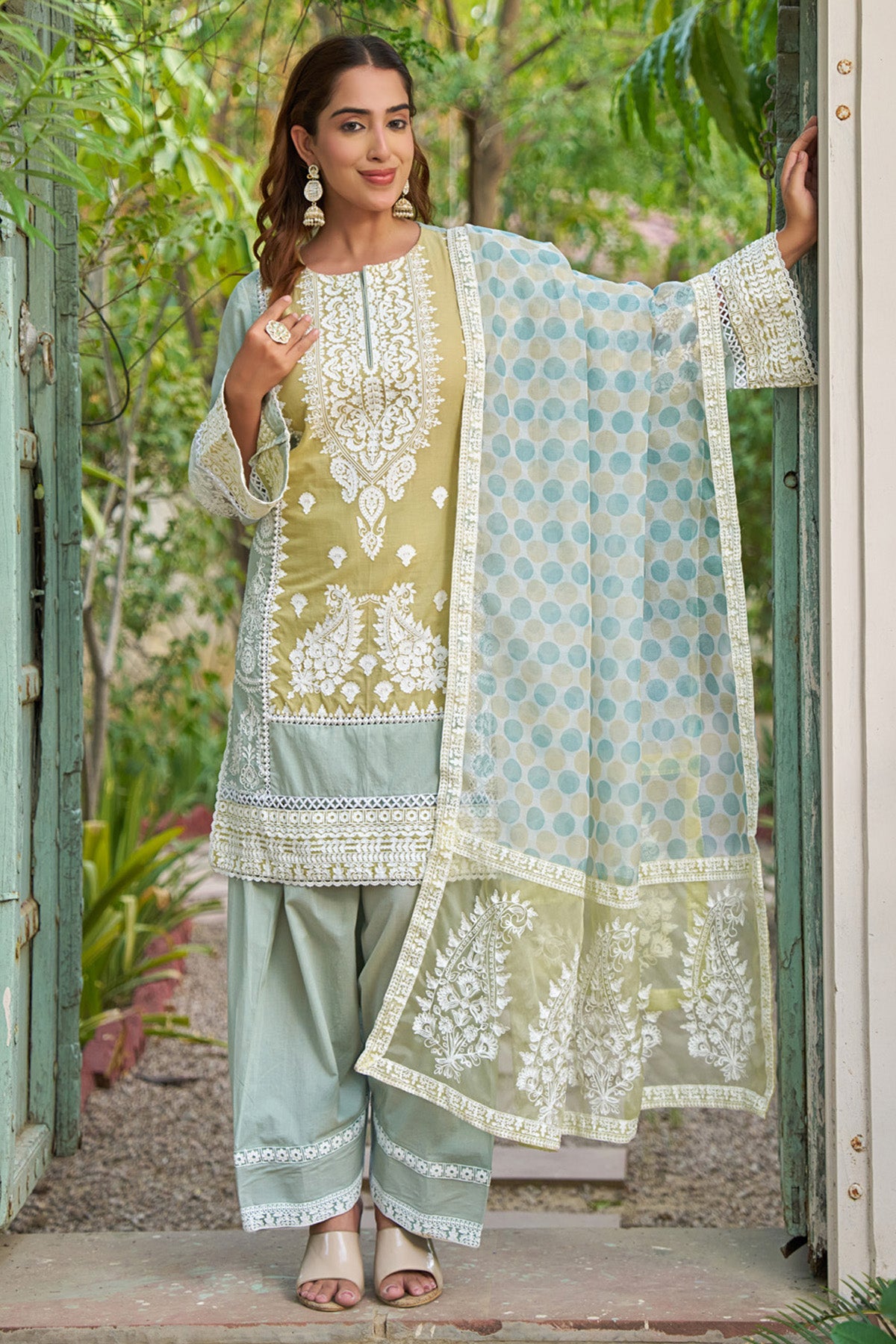 Mustard cotton embroidered Farshi Suit Set With Dupatta