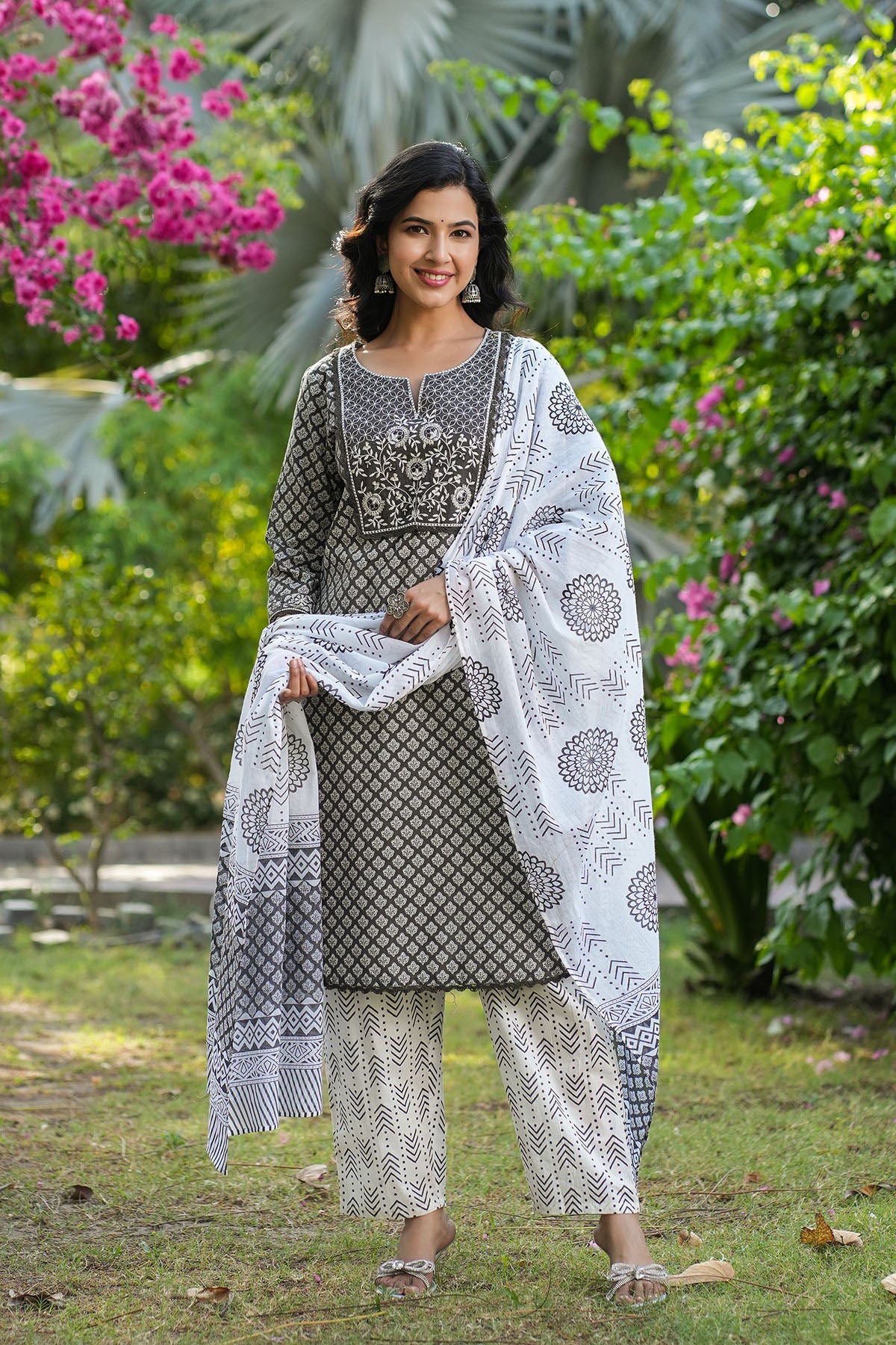 Grey Cotton Embroidered Straight-Cut Suit