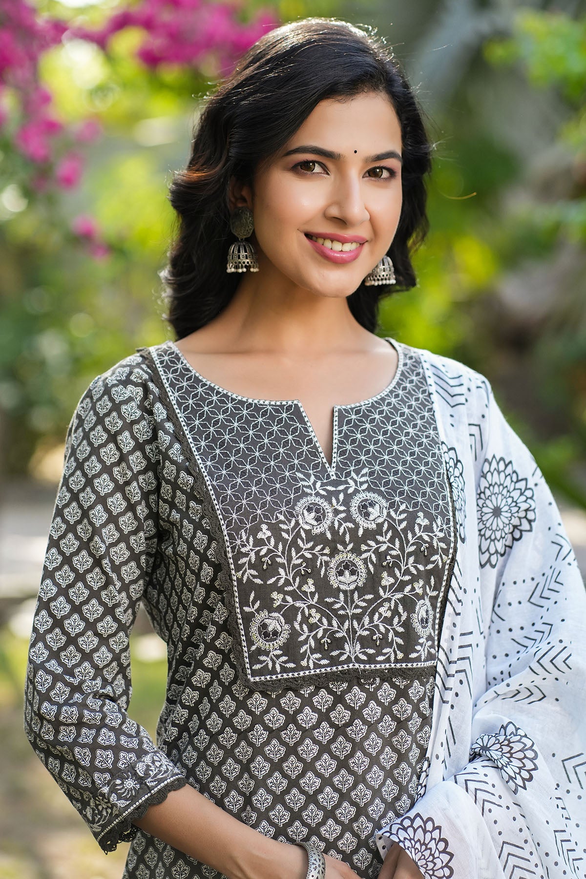 Grey Cotton Embroidered Straight-Cut Suit