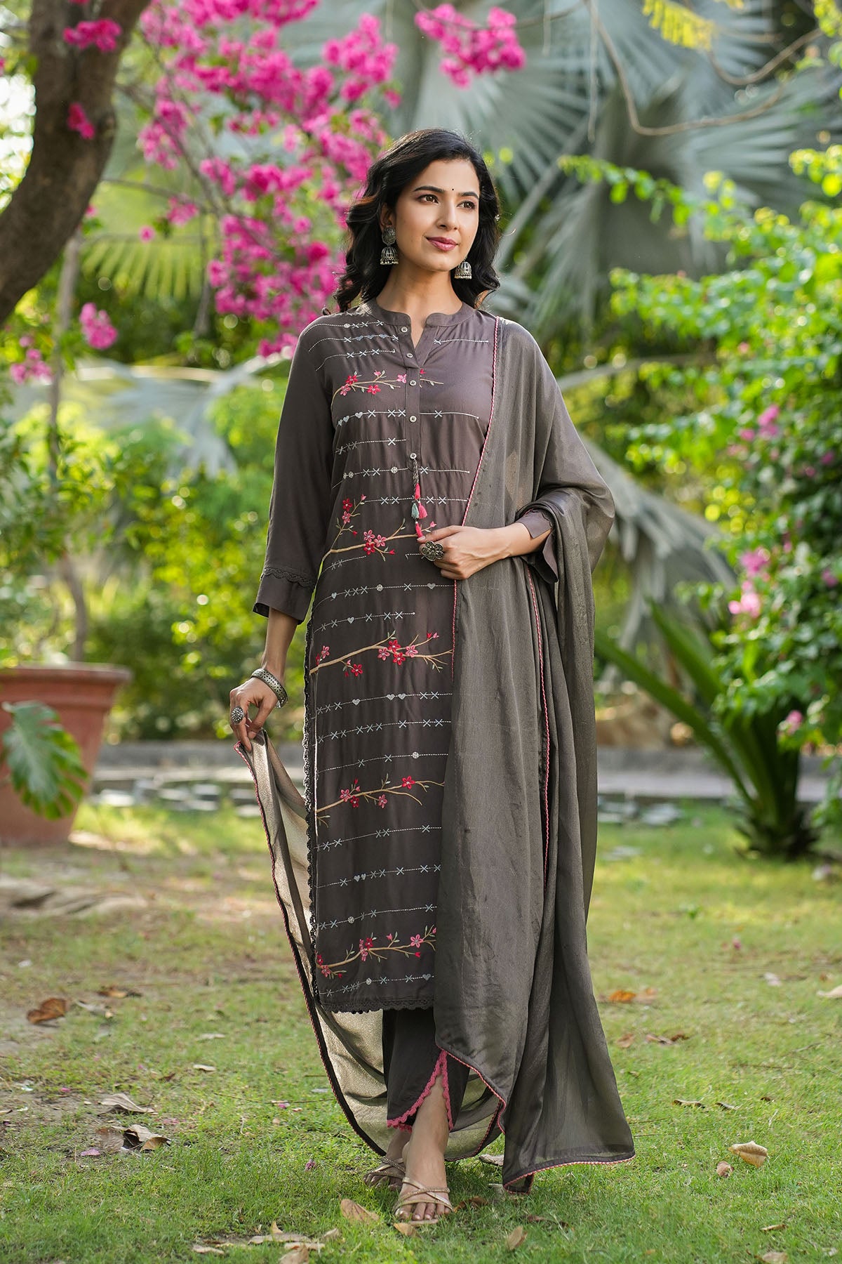 Charcoal Grey Rayon Embroidered Straight Suit