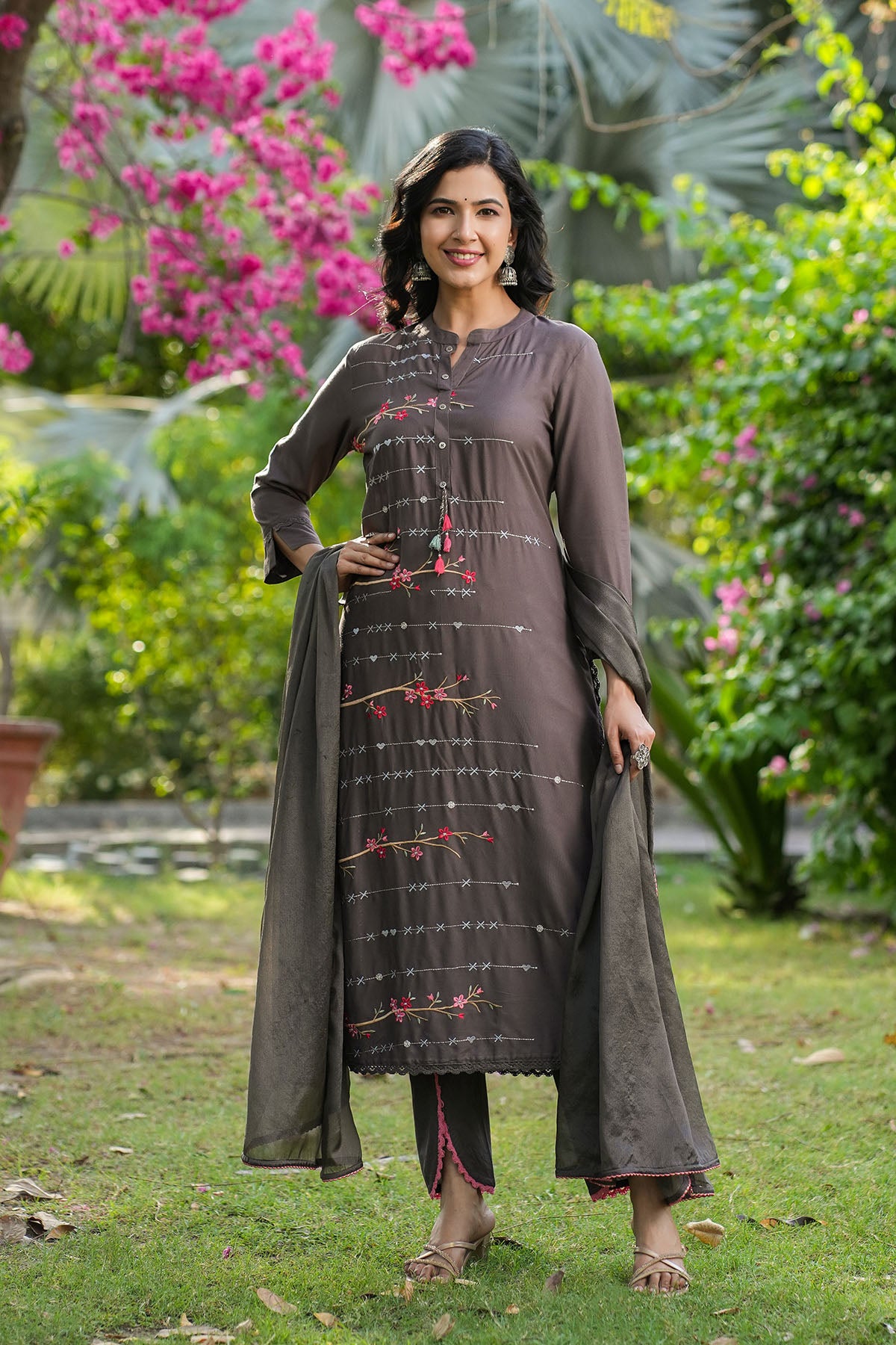 Charcoal Grey Rayon Embroidered Straight Suit