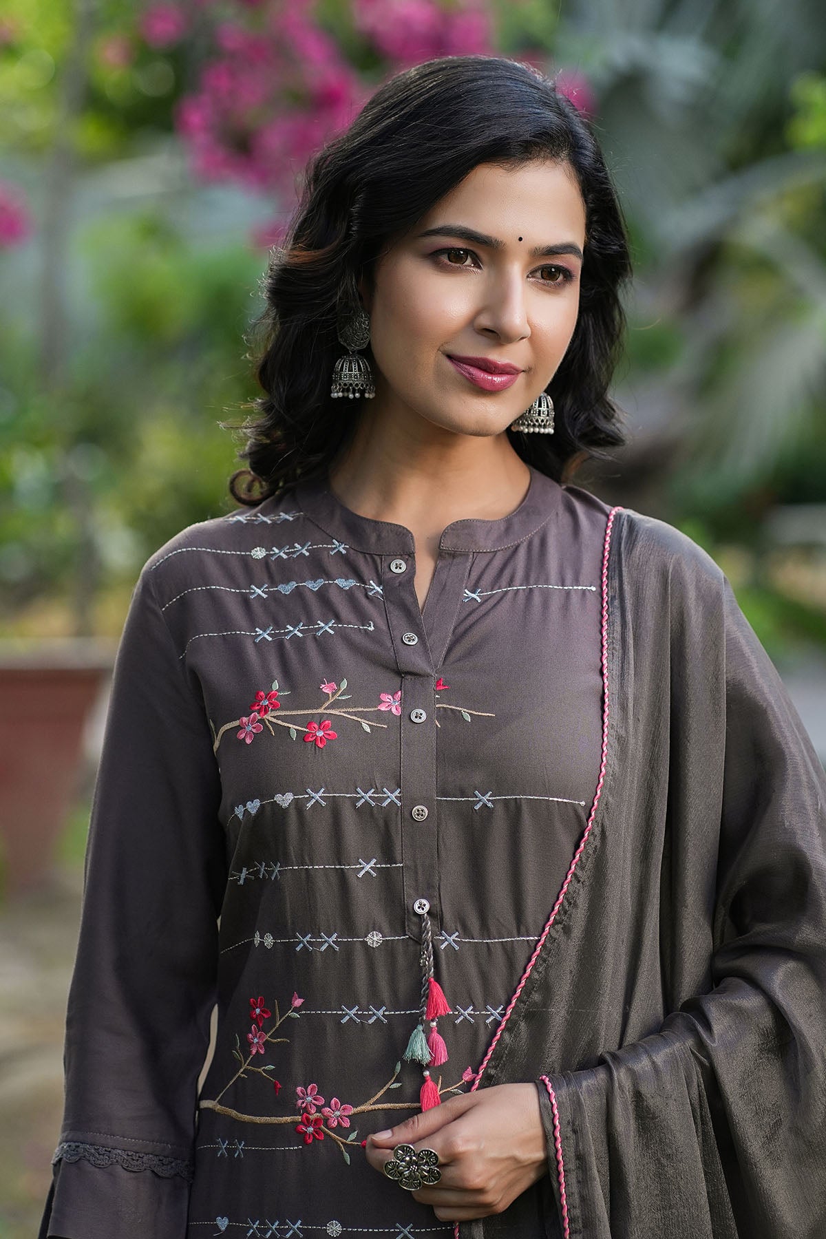 Charcoal Grey Rayon Embroidered Straight Suit