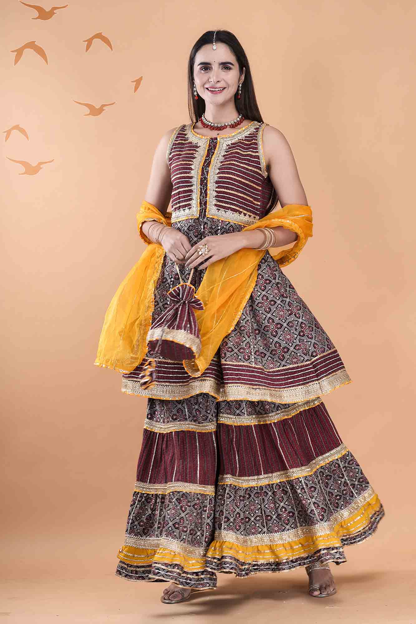 Mutlicolour Muslin Gotapatti Sharara Set With Potli Bag