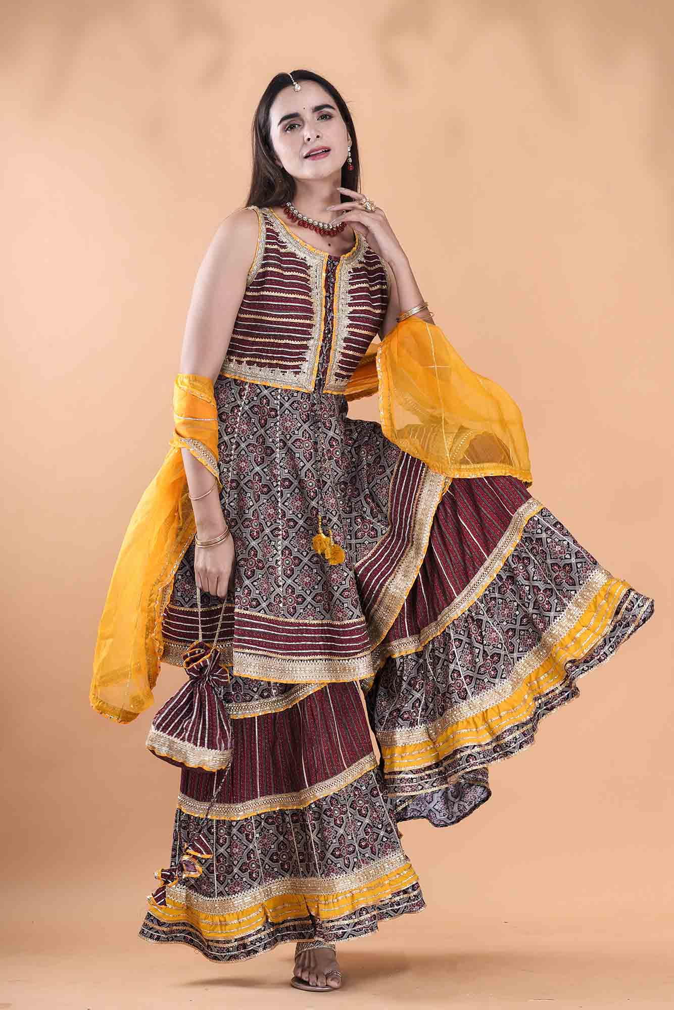 Mutlicolour Muslin Gotapatti Sharara Set With Potli Bag