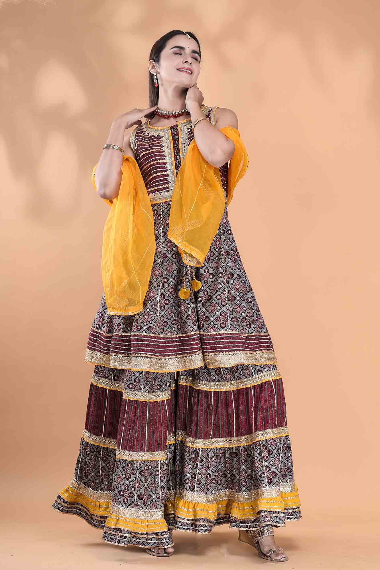 Mutlicolour Muslin Gotapatti Sharara Set With Potli Bag