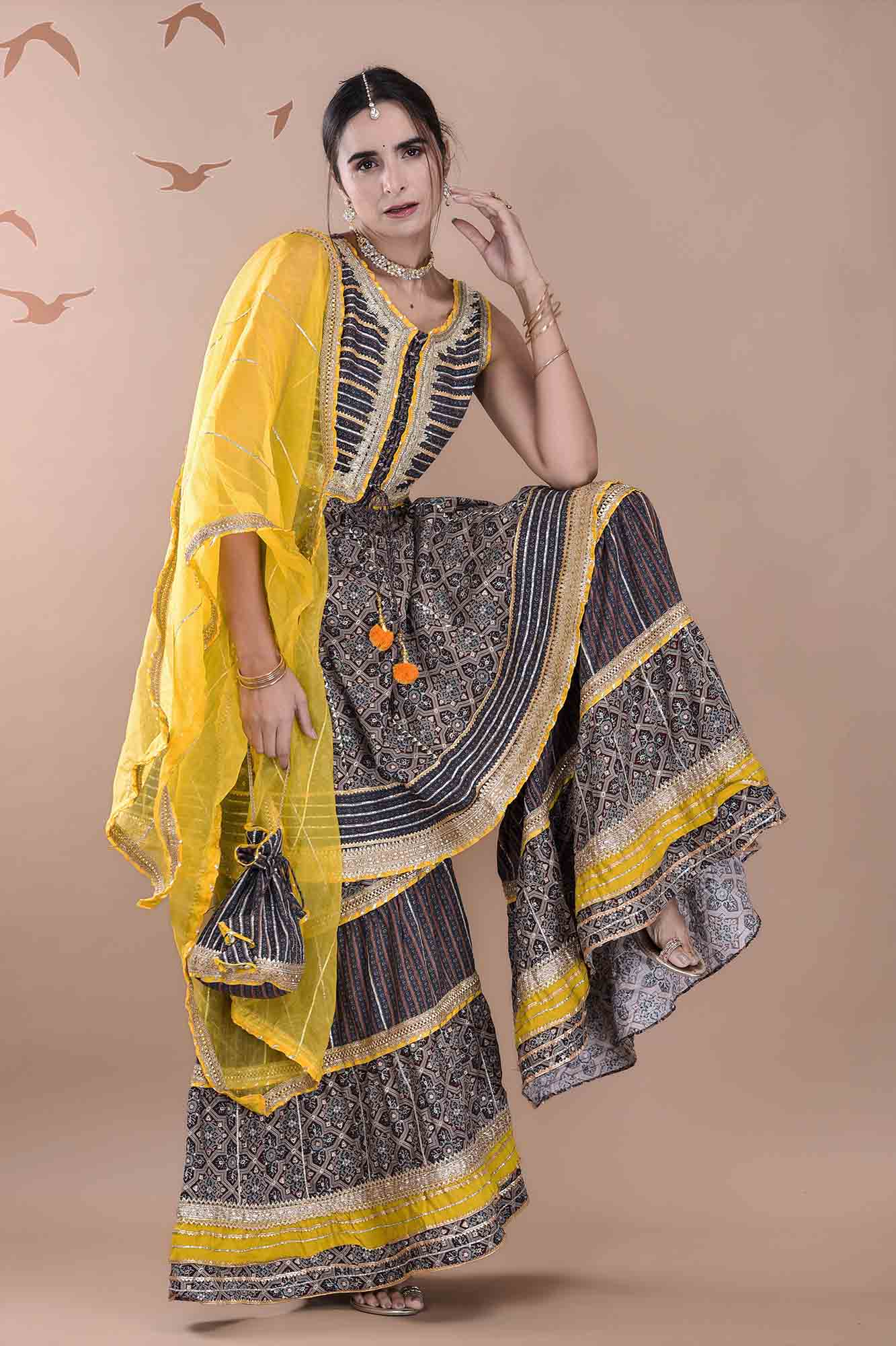 Grey Muslin Gotapatti Sharara Set With Potli Bag