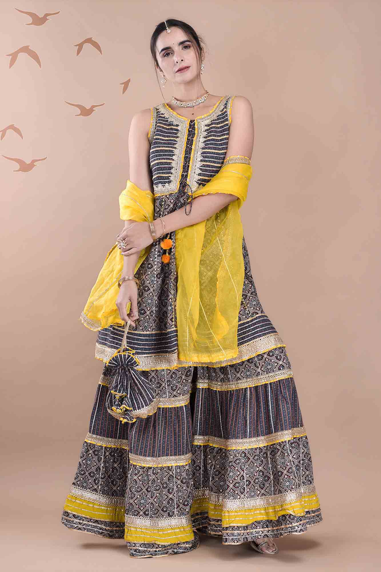 Grey Muslin Gotapatti Sharara Set With Potli Bag