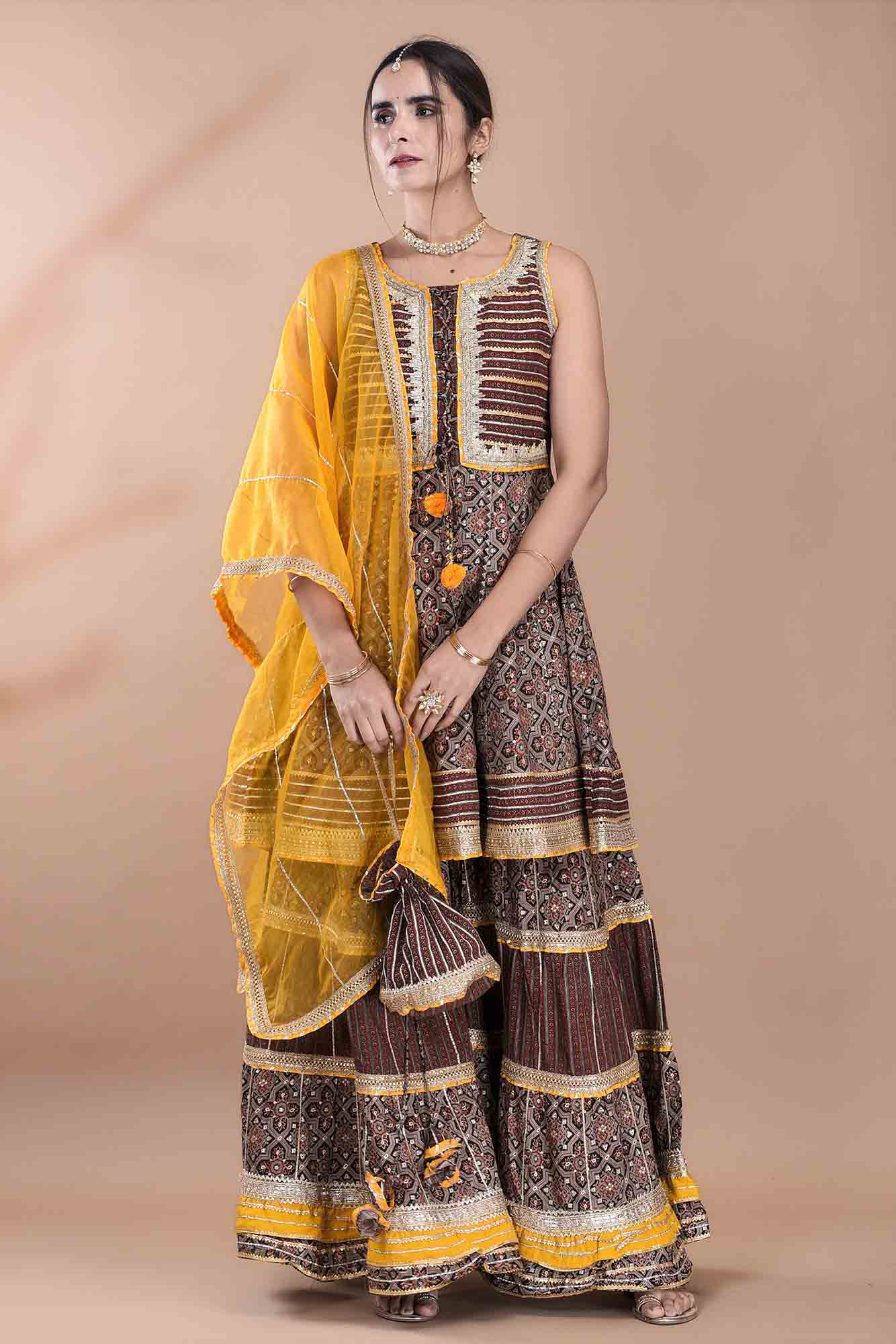 Brown Muslin Gotapatti Sharara Set With Potli Bag