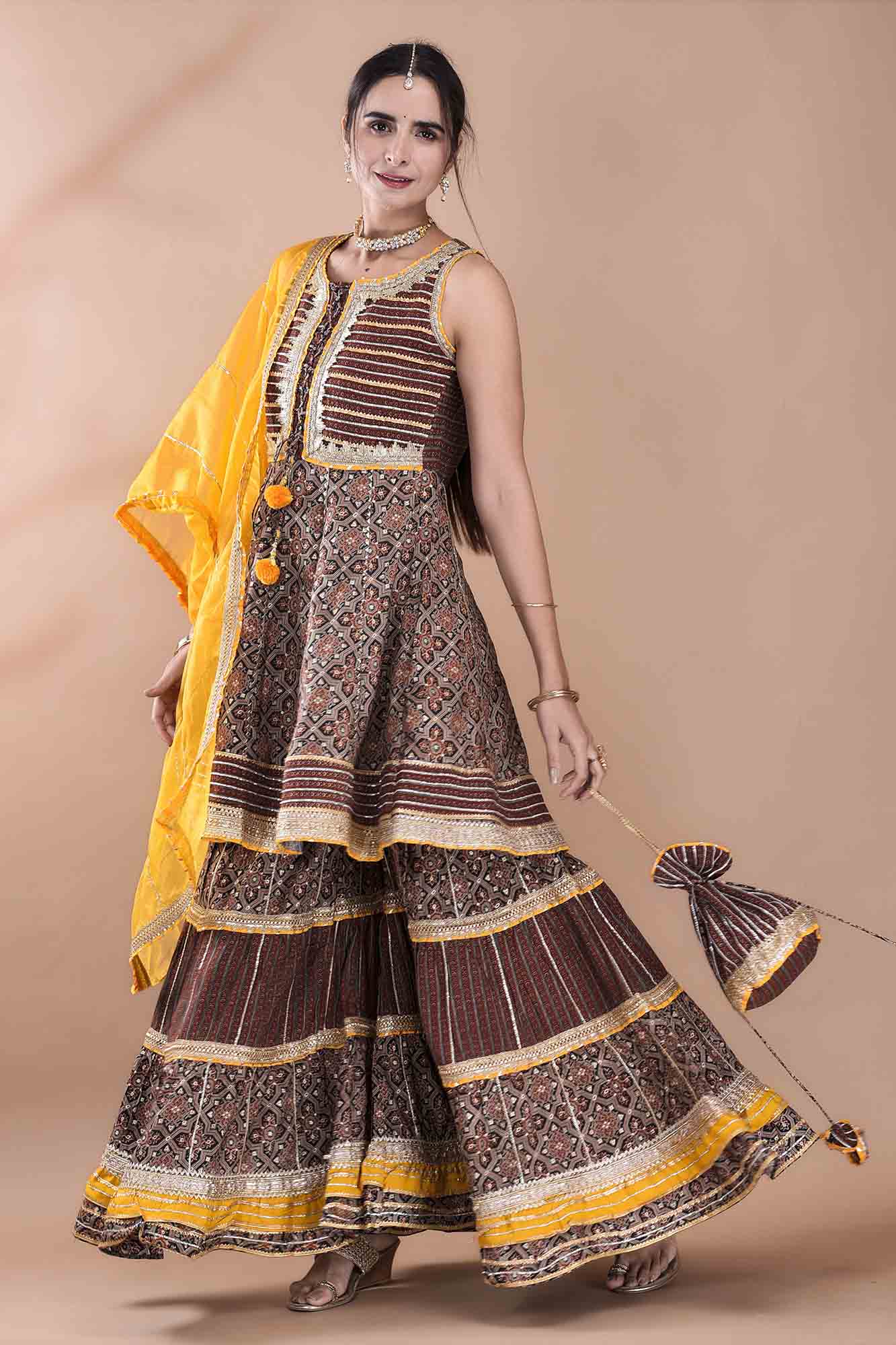 Brown Muslin Gotapatti Sharara Set With Potli Bag
