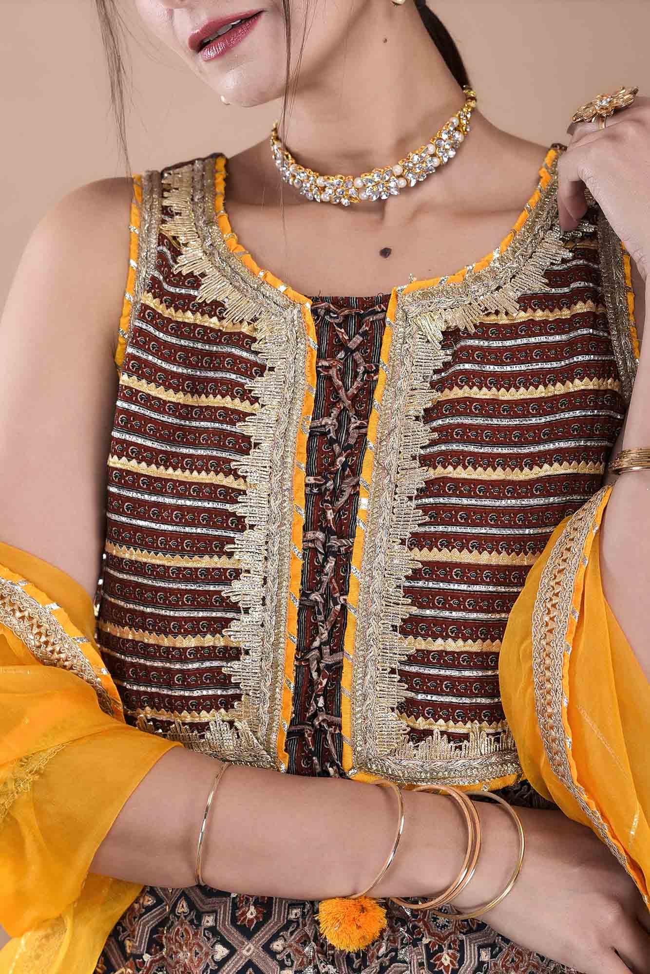Brown Muslin Gotapatti Sharara Set With Potli Bag