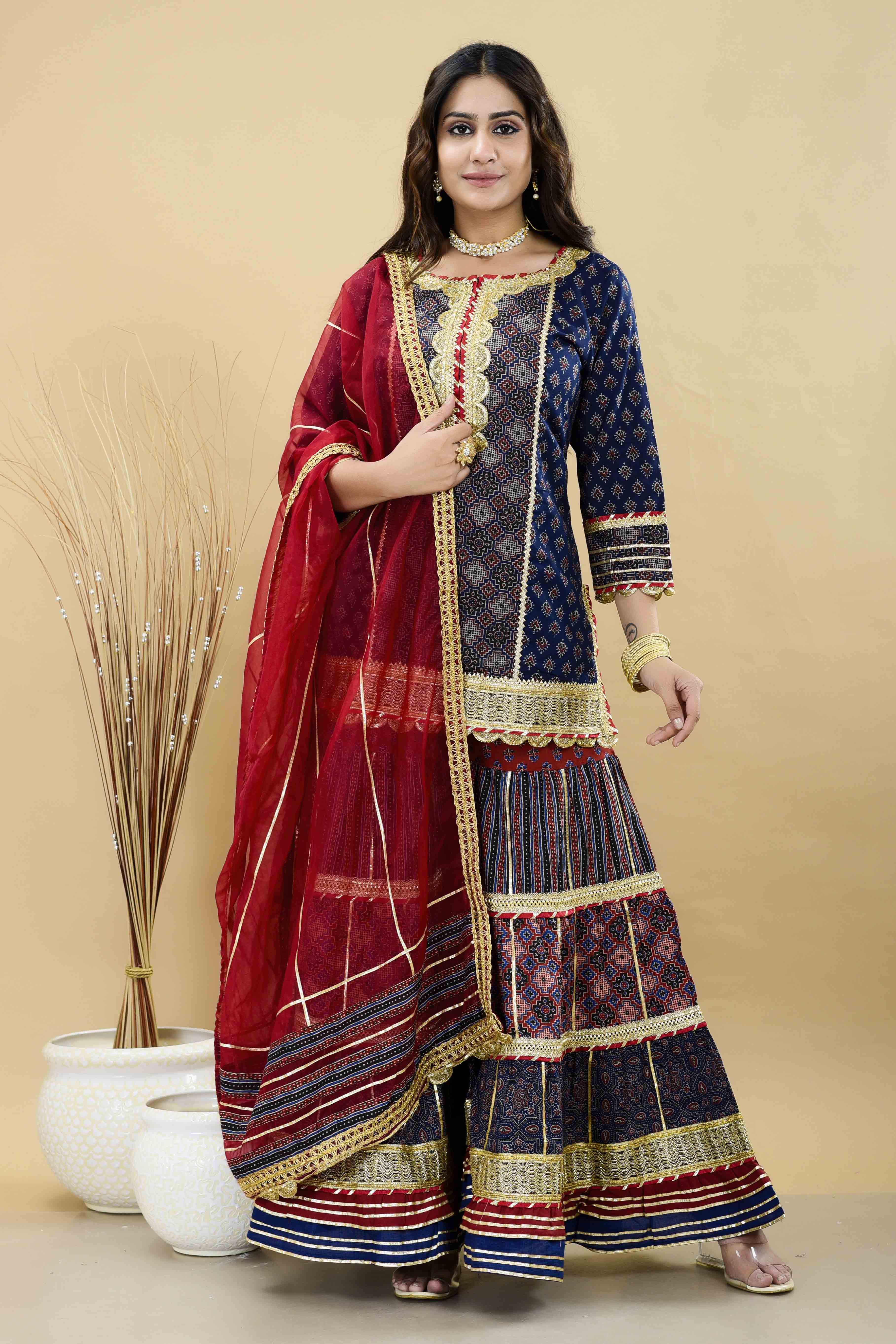 Blue Cotton Gotapatti Sharara Set With Potli Bag