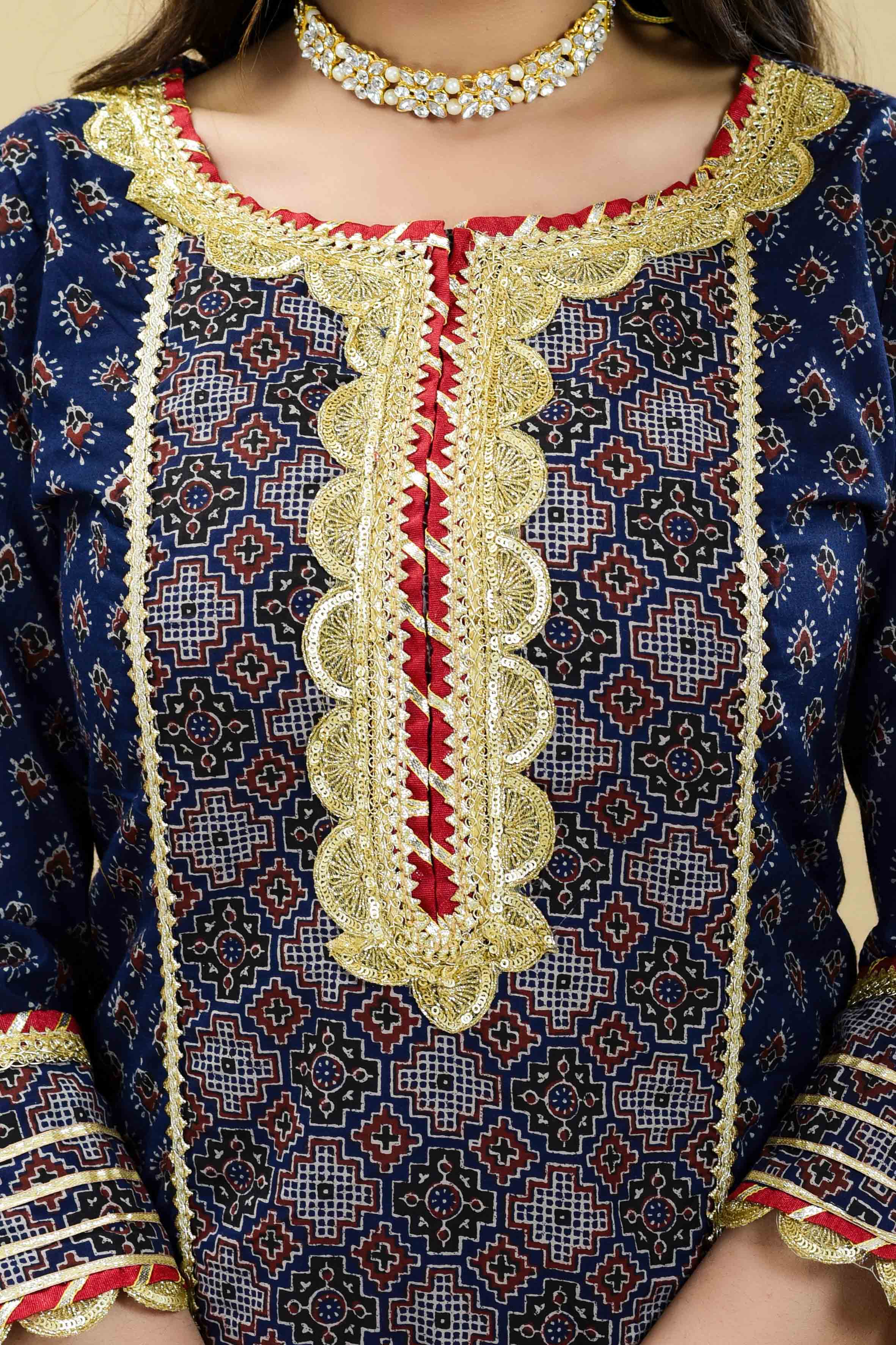Blue Cotton Gotapatti Sharara Set With Potli Bag