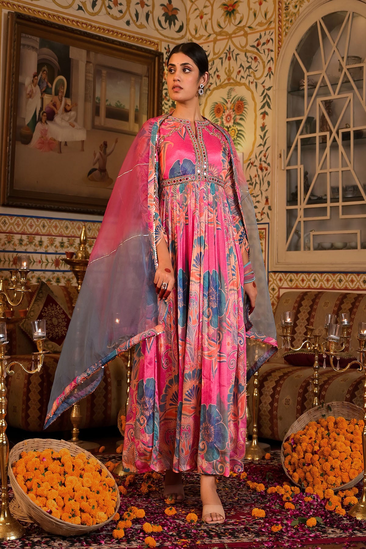 Pink Multicolour Handwork Gown Set