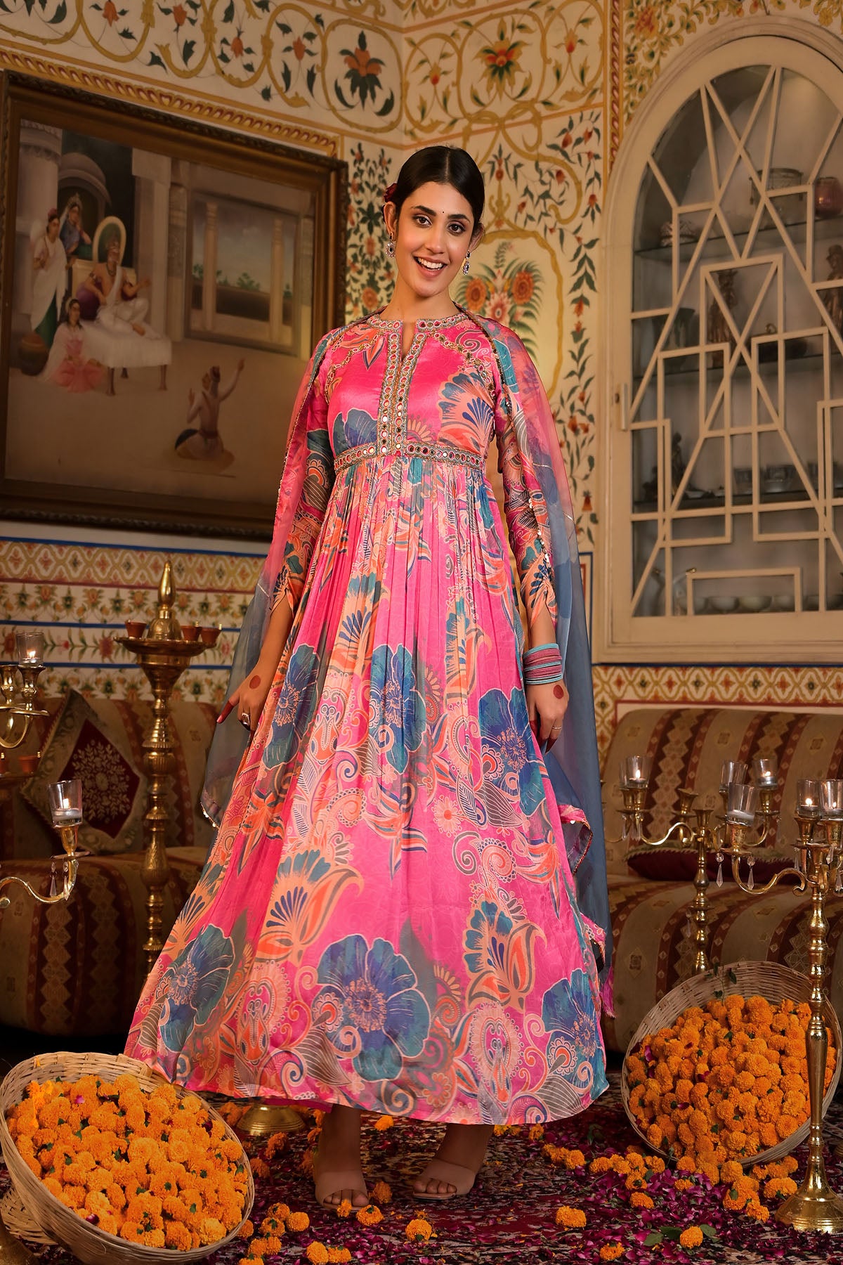 Pink Multicolour Handwork Gown Set