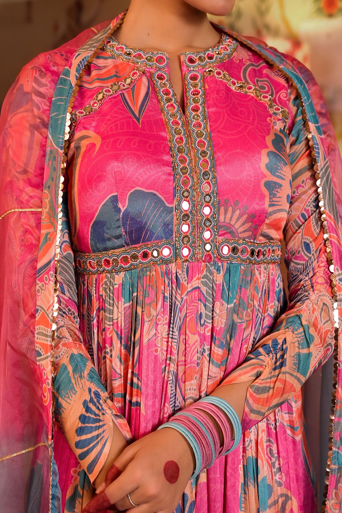 Pink Multicolour Handwork Gown Set