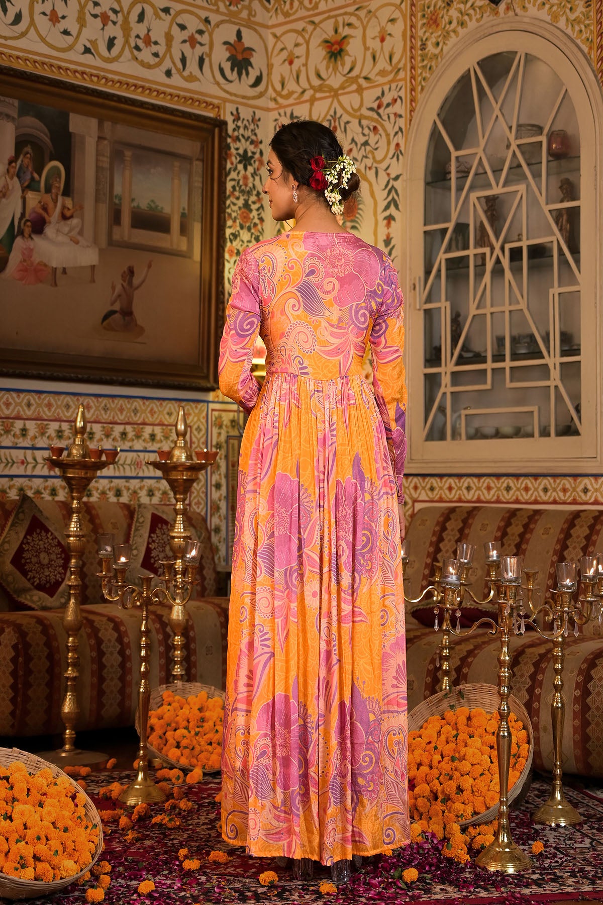 Orange Multicolour Chinon Handwork Gown Set