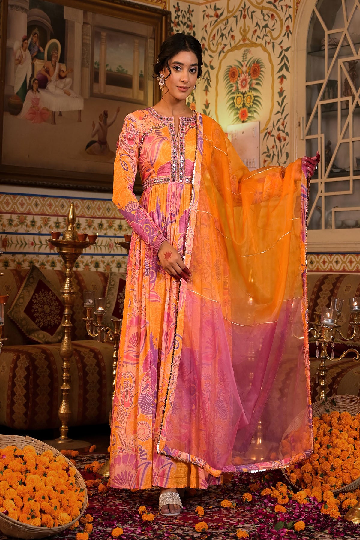 Orange Multicolour Chinon Handwork Gown Set