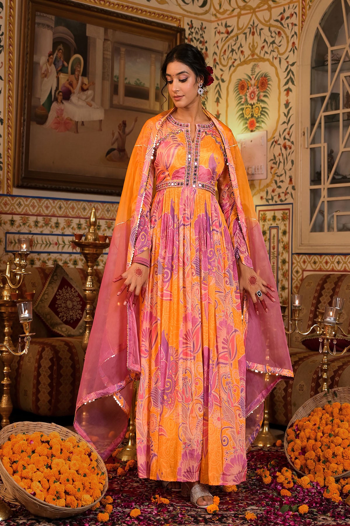 Orange Multicolour Chinon Handwork Gown Set