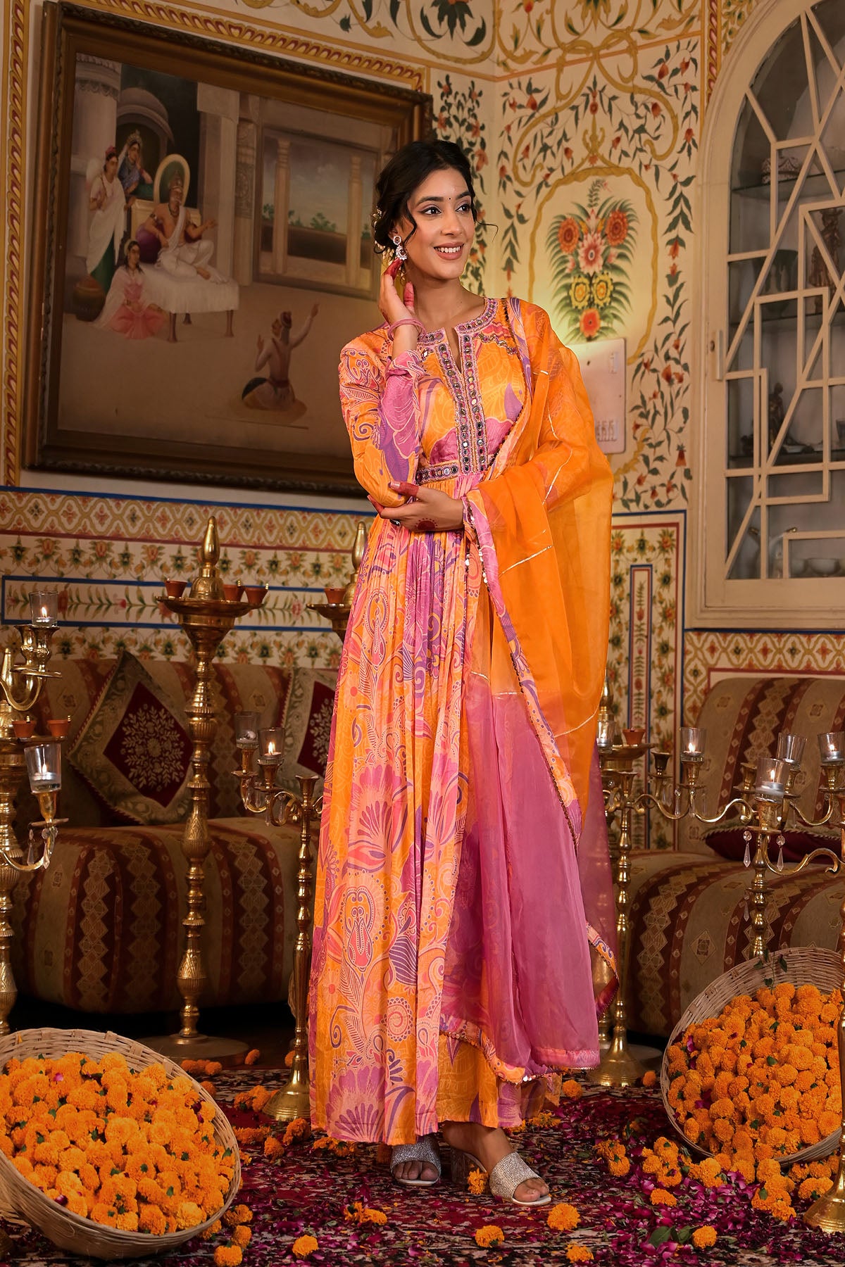 Orange Multicolour Chinon Handwork Gown Set