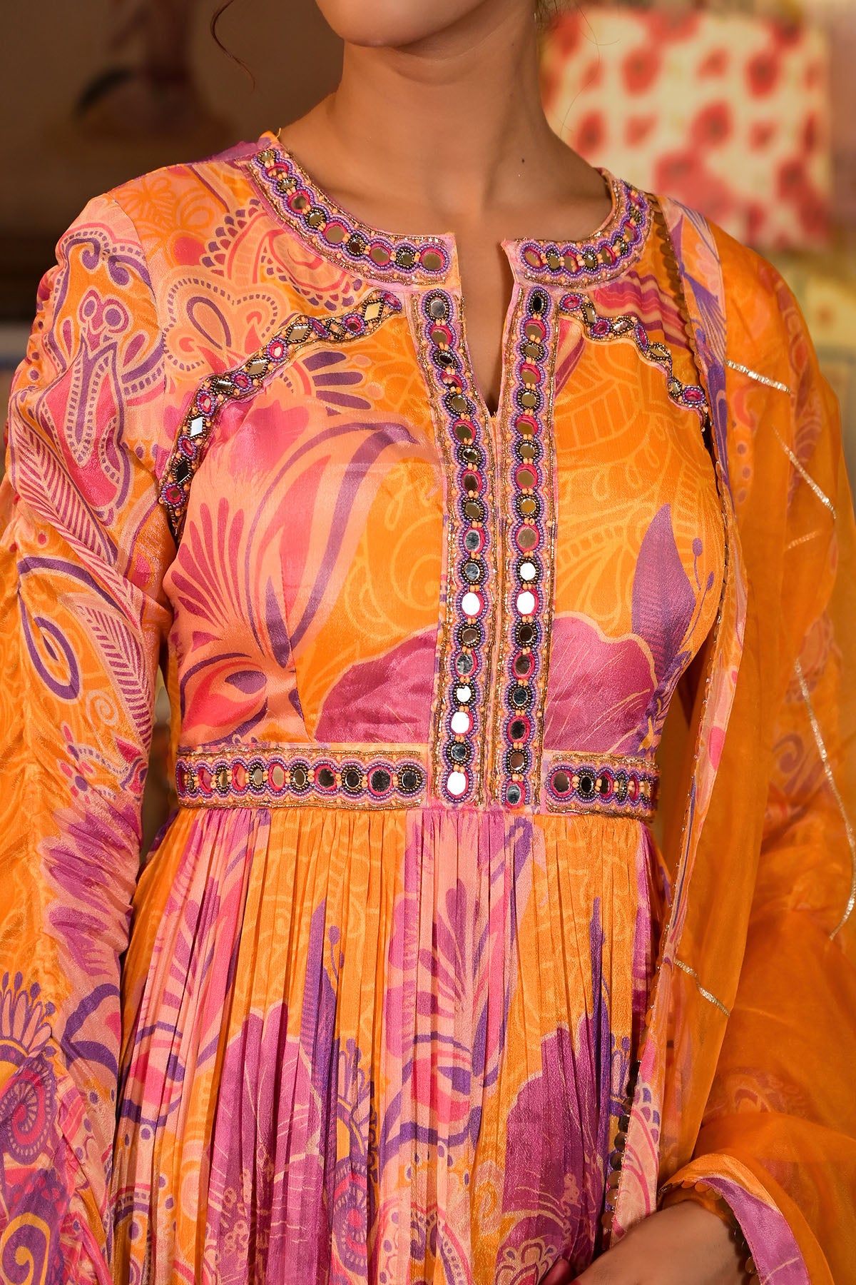 Orange Multicolour Chinon Handwork Gown Set