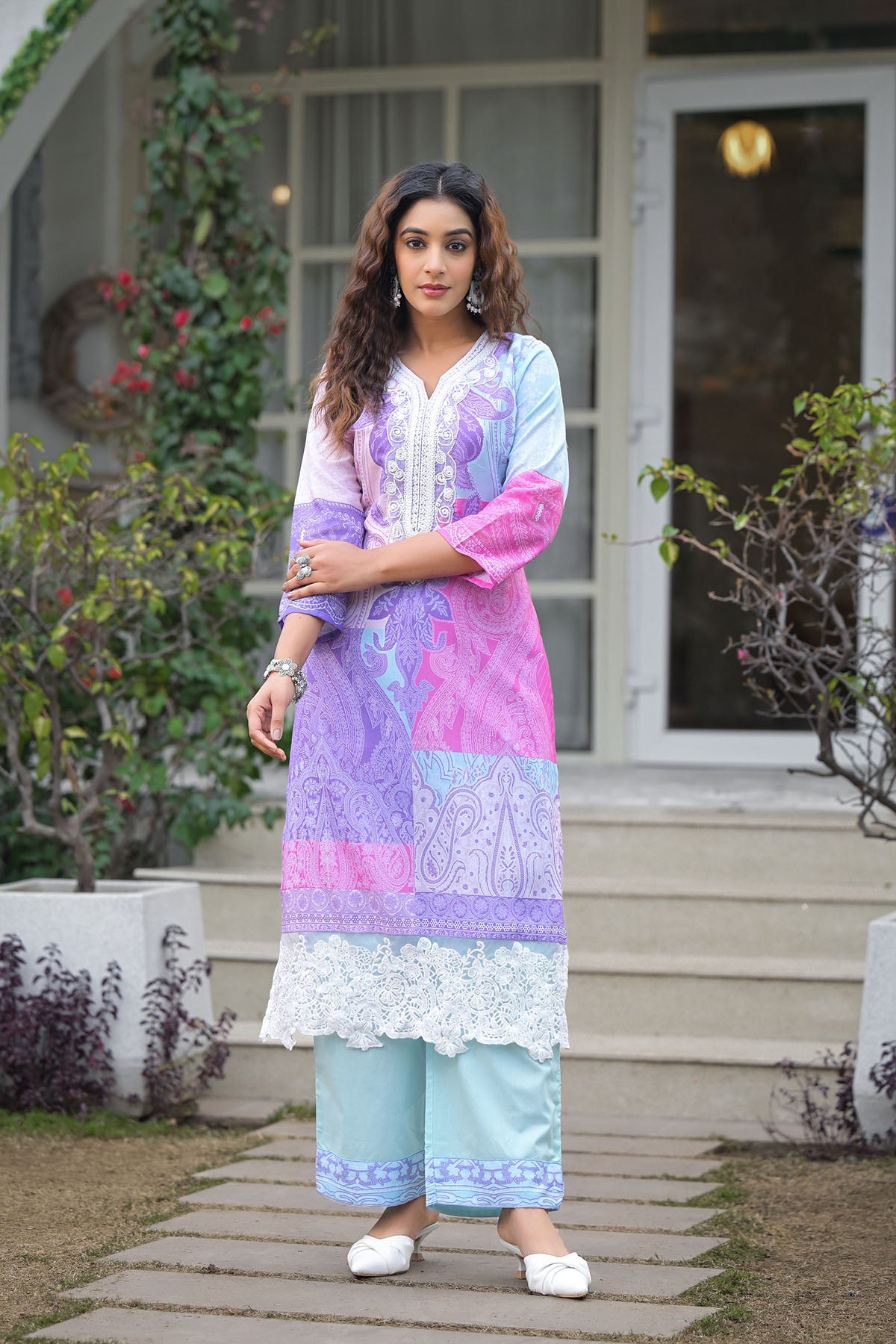 Blue Multicolor Cotton Embroidered Straight Suit