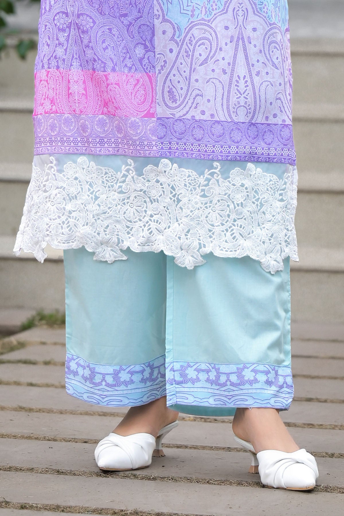 Blue Multicolor Cotton Embroidered Straight Suit