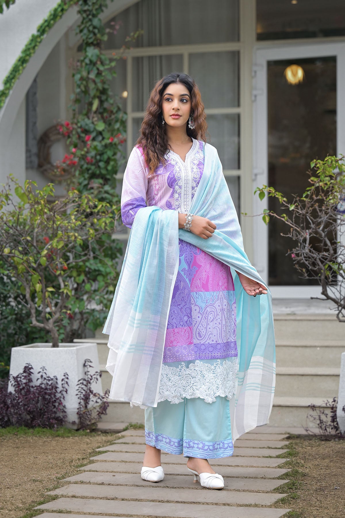 Blue Multicolor Cotton Embroidered Straight Suit