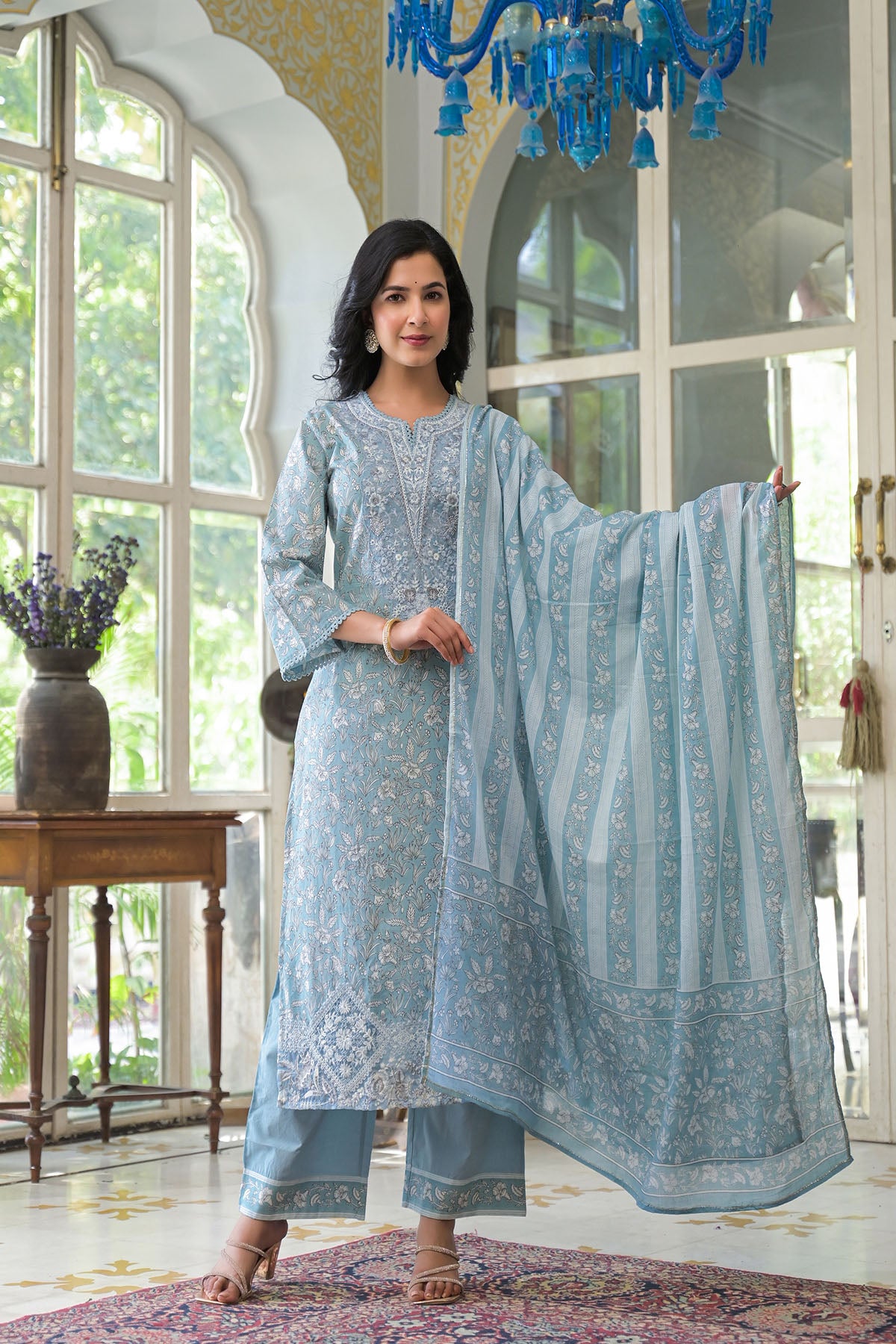 Blue Cotton Embroidered Straight-Cut Suit