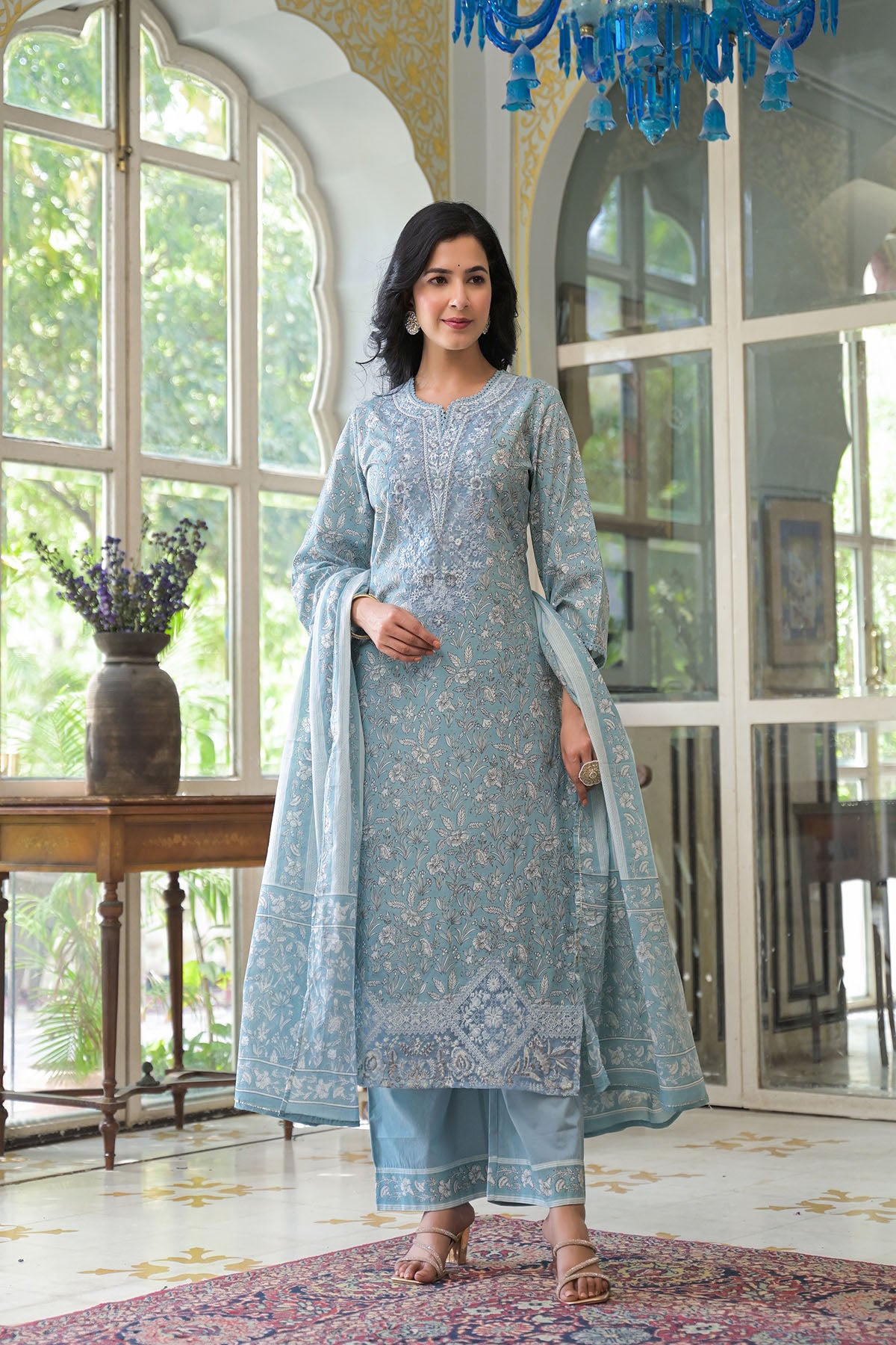 Blue Cotton Embroidered Straight-Cut Suit