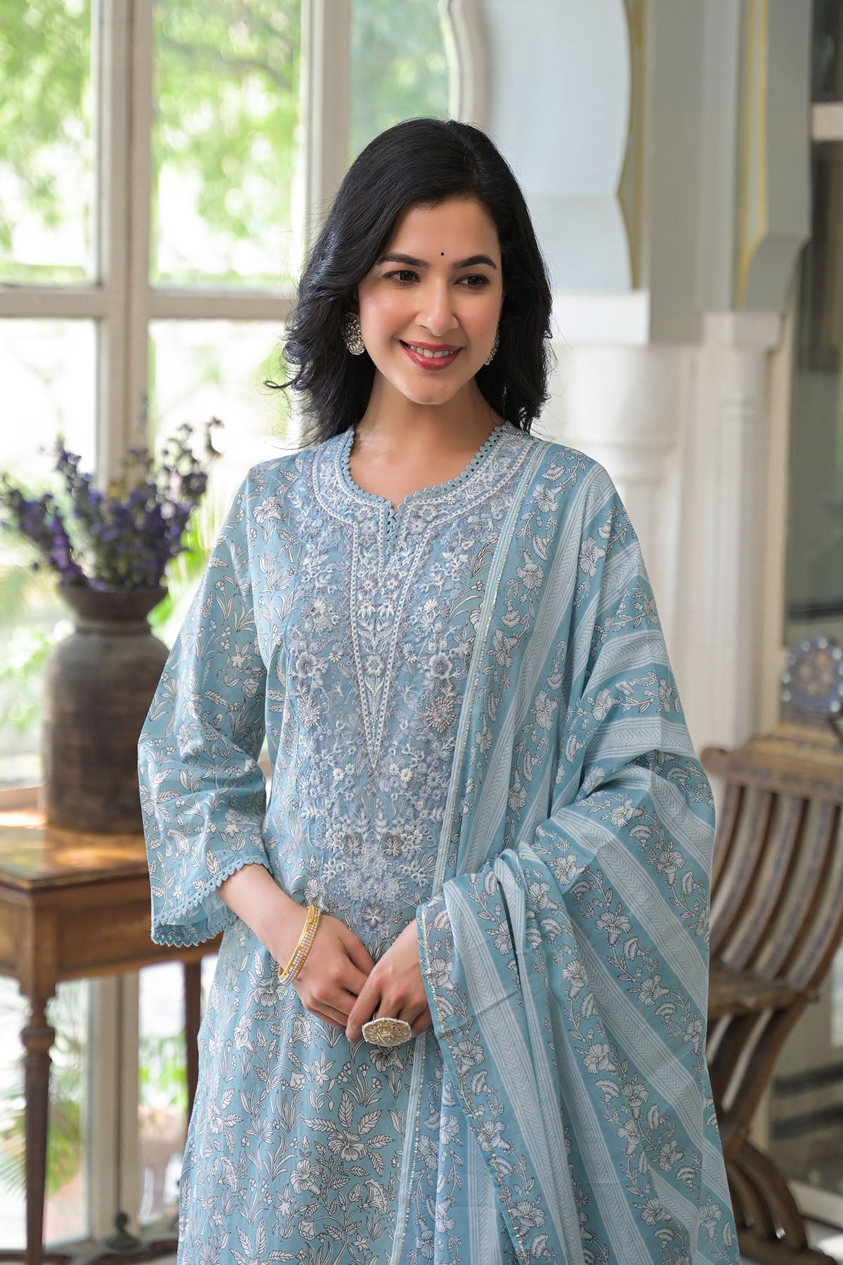 Blue Cotton Embroidered Straight-Cut Suit