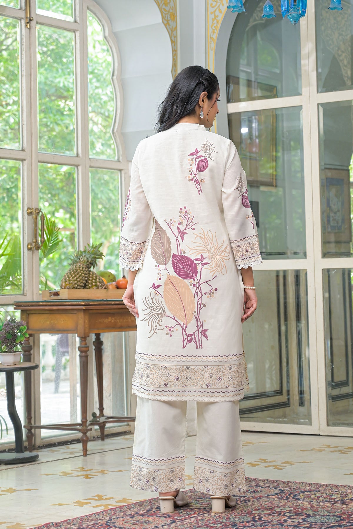 Cream & Pink Linen Printed Co-Ord Set