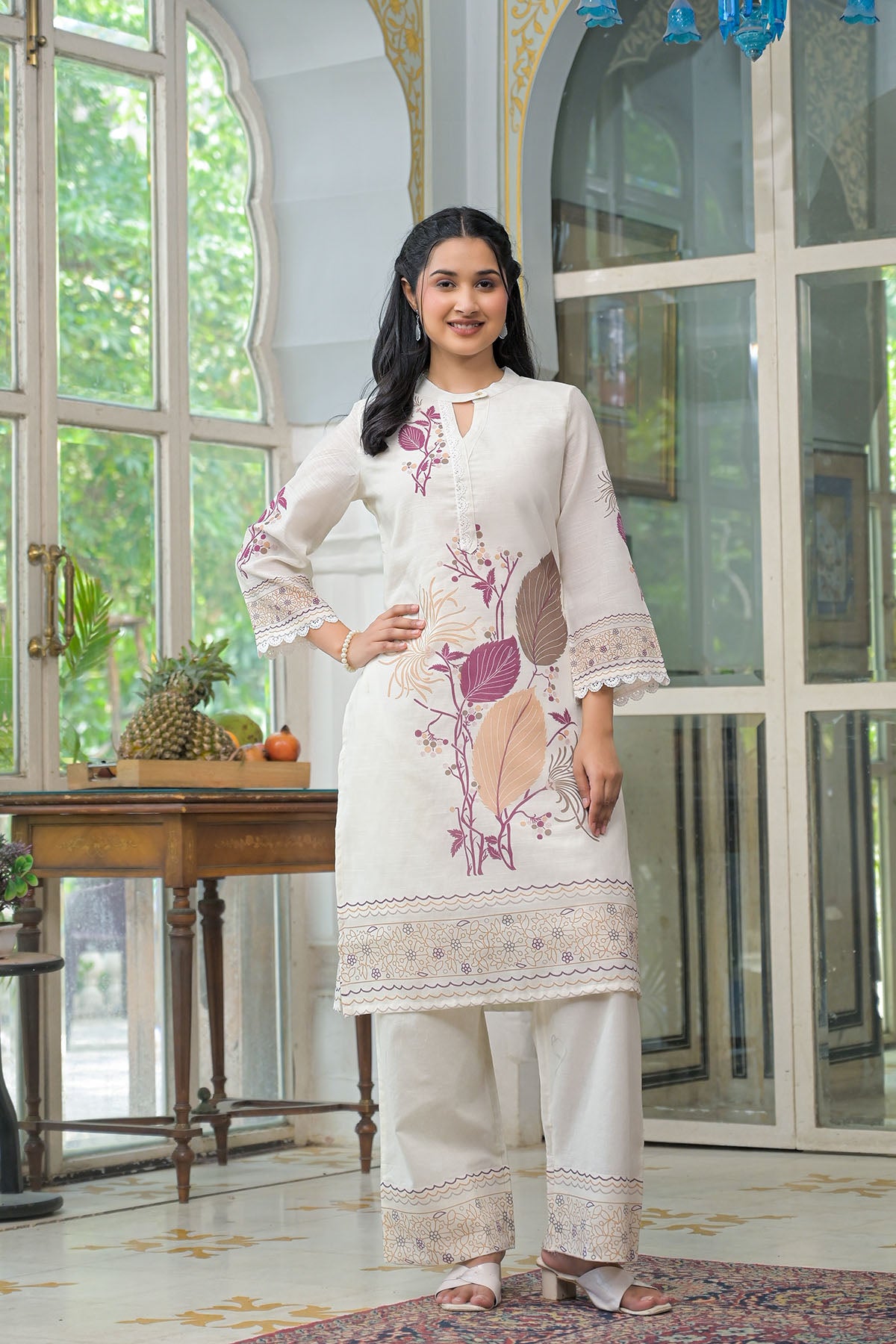 Cream & Pink Linen Printed Co-Ord Set