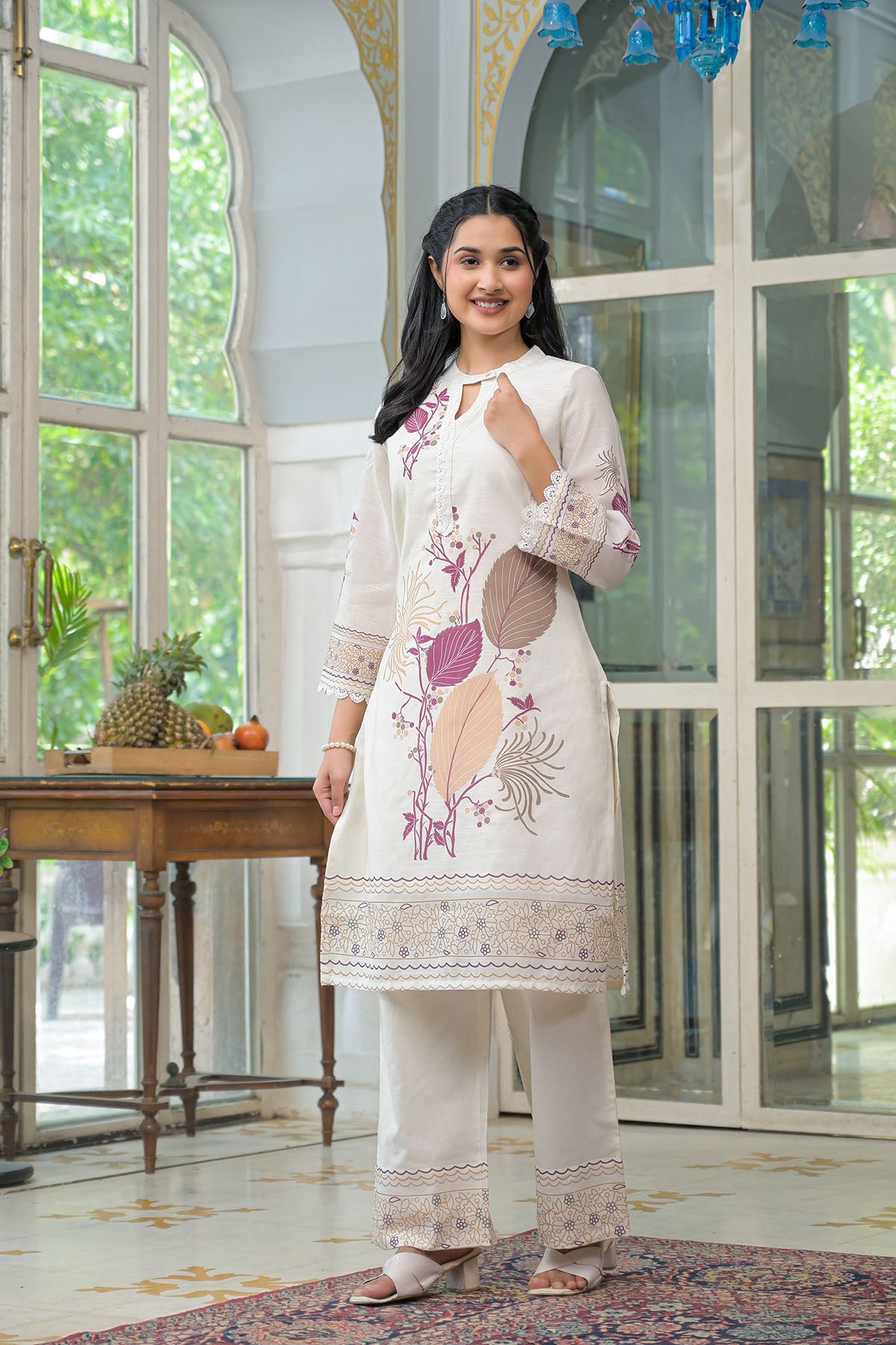 Cream & Pink Linen Printed Co-Ord Set