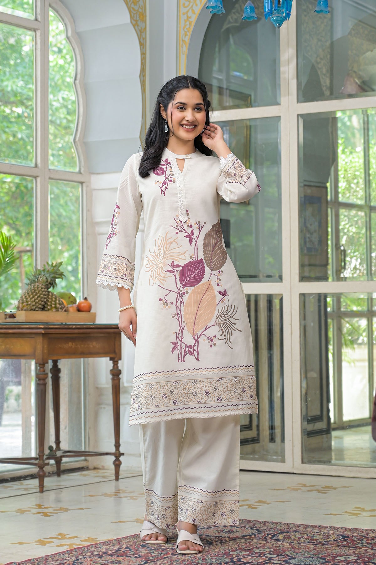 Cream & Pink Linen Printed Co-Ord Set