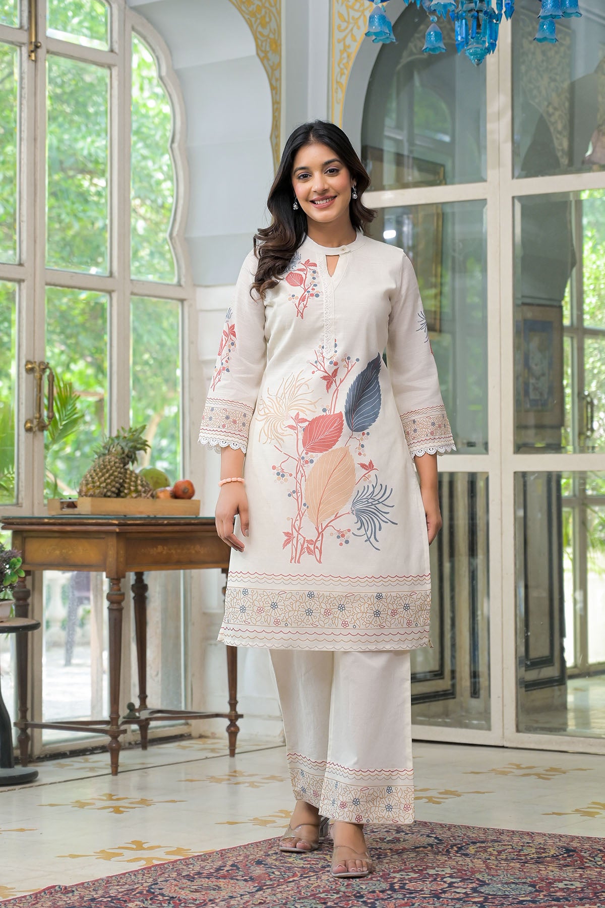 Cream & Blue Linen Printed Co-Ord Set