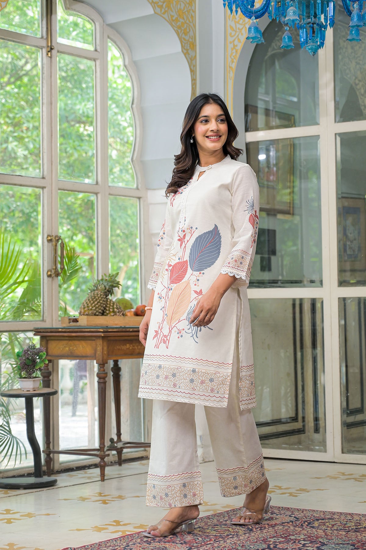 Cream & Blue Linen Printed Co-Ord Set