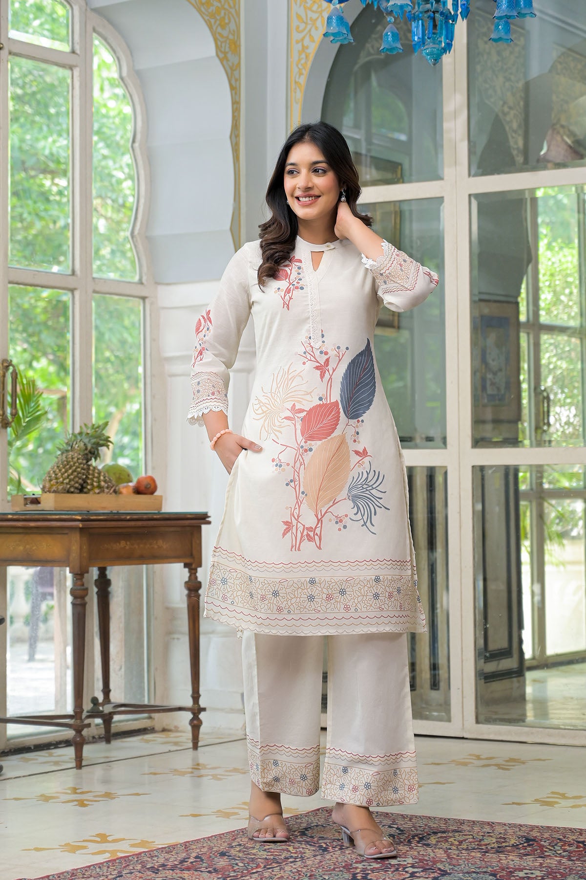 Cream & Blue Linen Printed Co-Ord Set