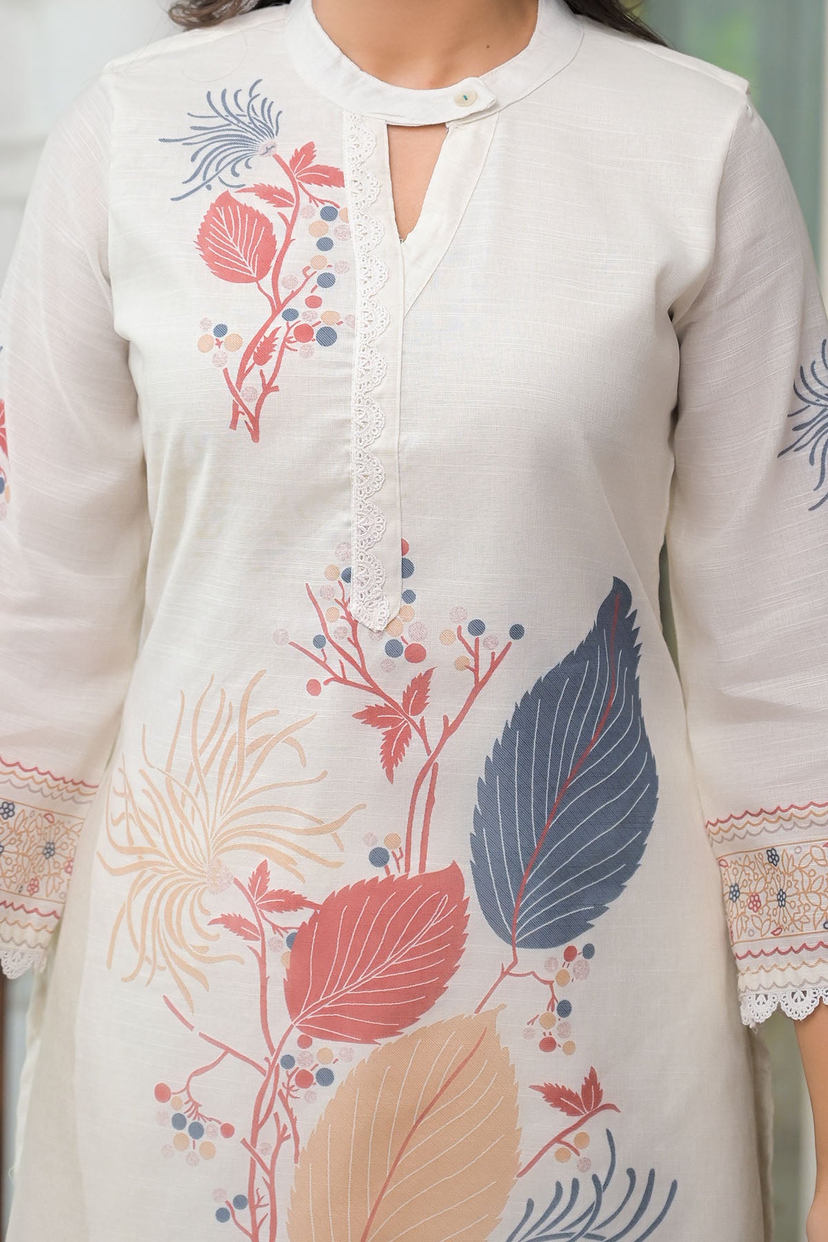 Cream & Blue Linen Printed Co-Ord Set