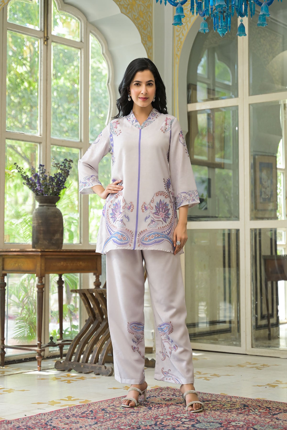 Grey Linen Printed Co-Ord Set