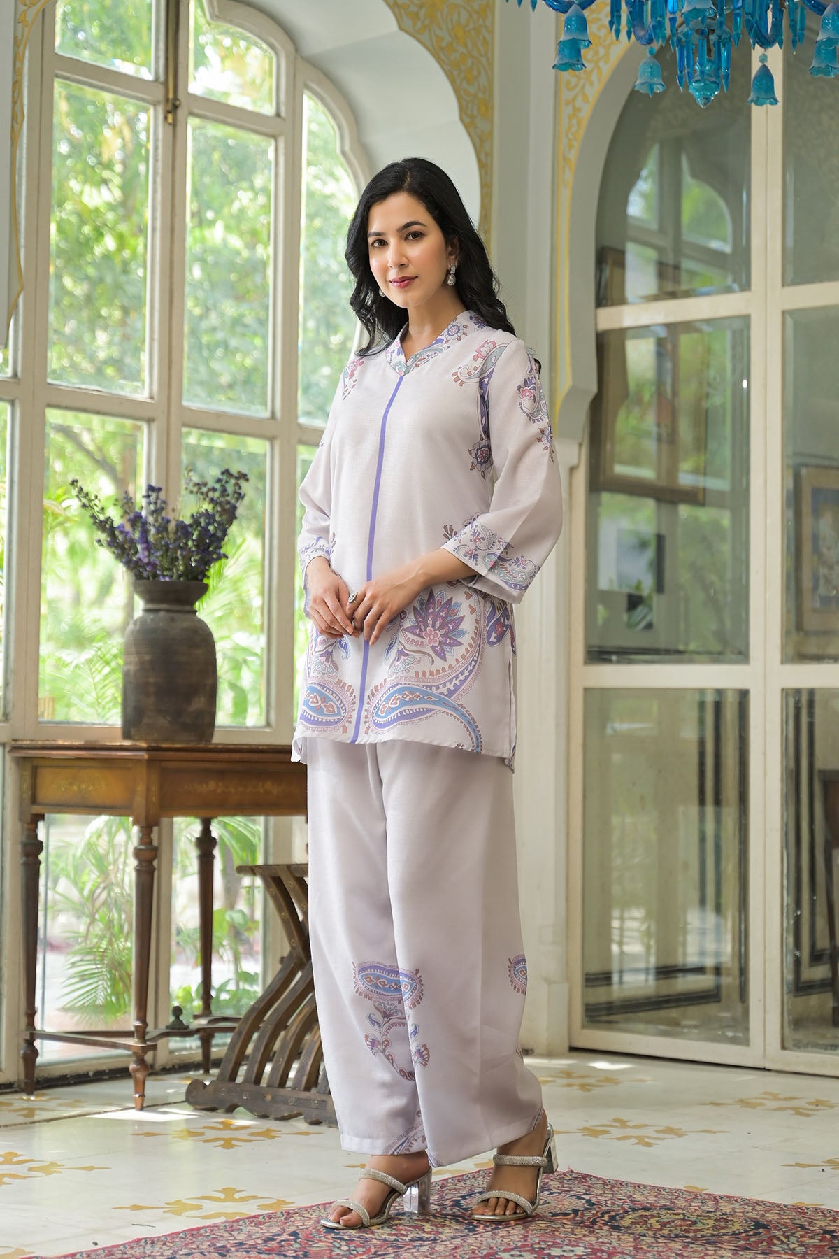 Grey Linen Printed Co-Ord Set