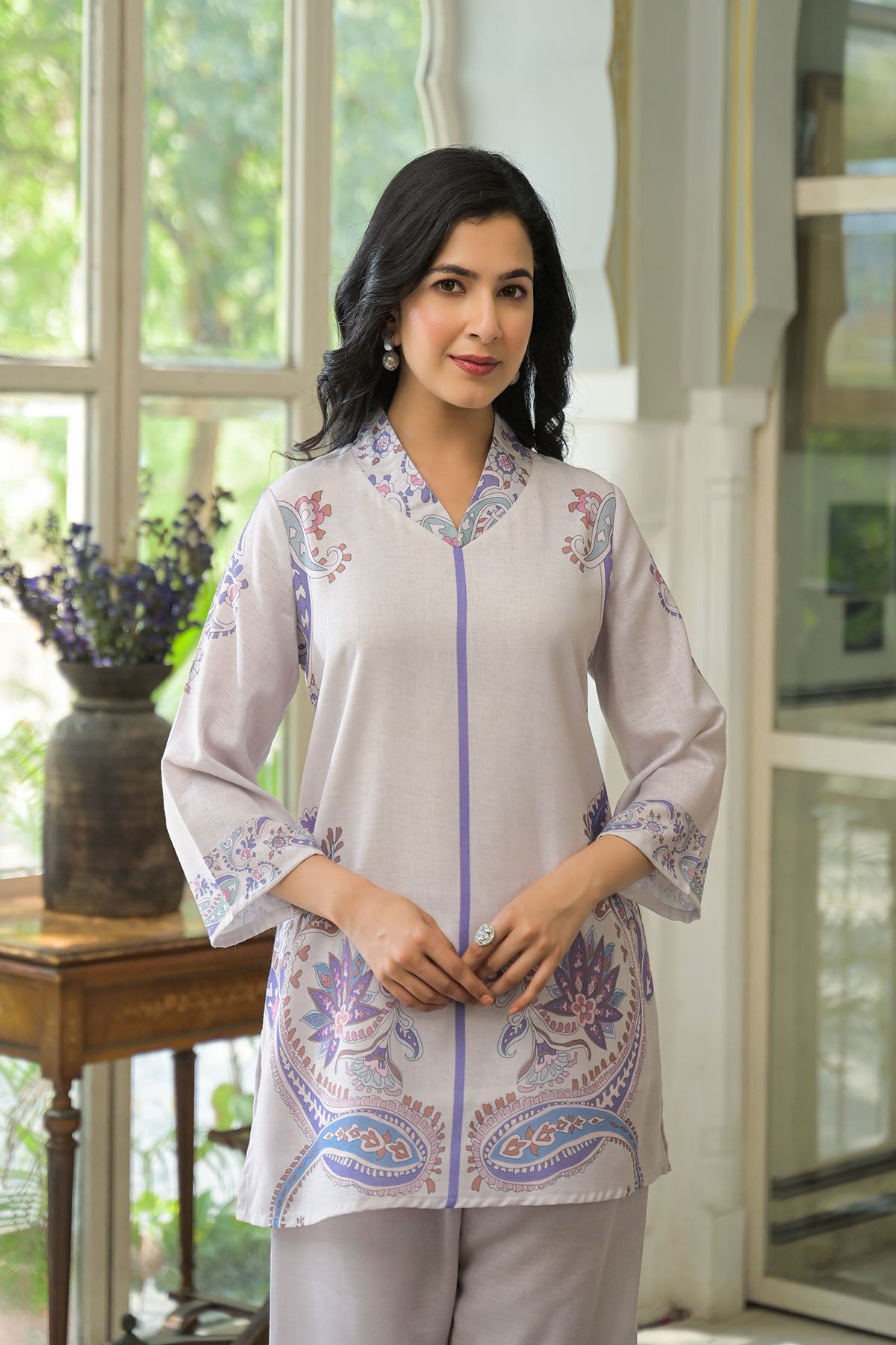 Grey Linen Printed Co-Ord Set