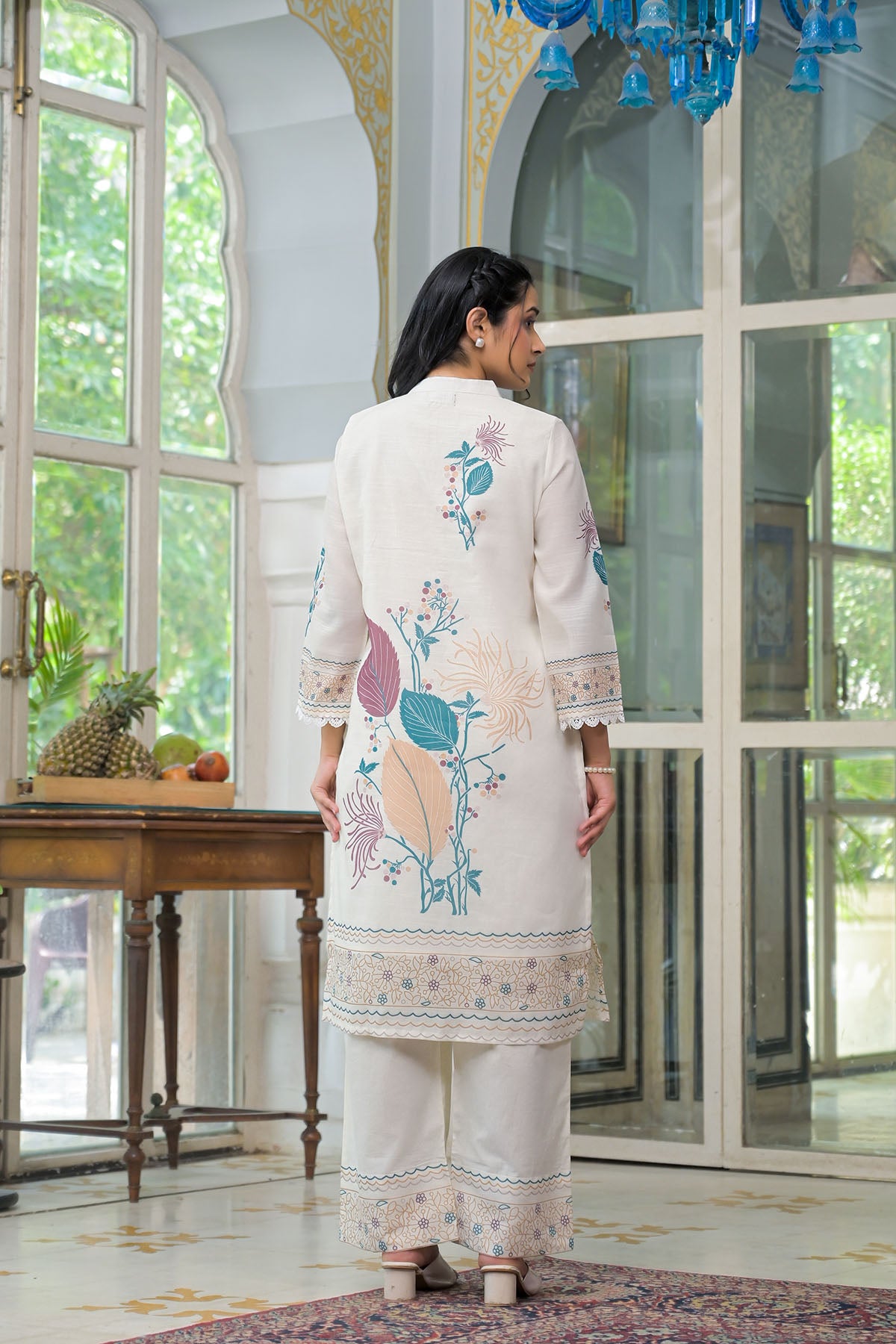 Cream & Turquoise Linen Printed Co-Ord Set